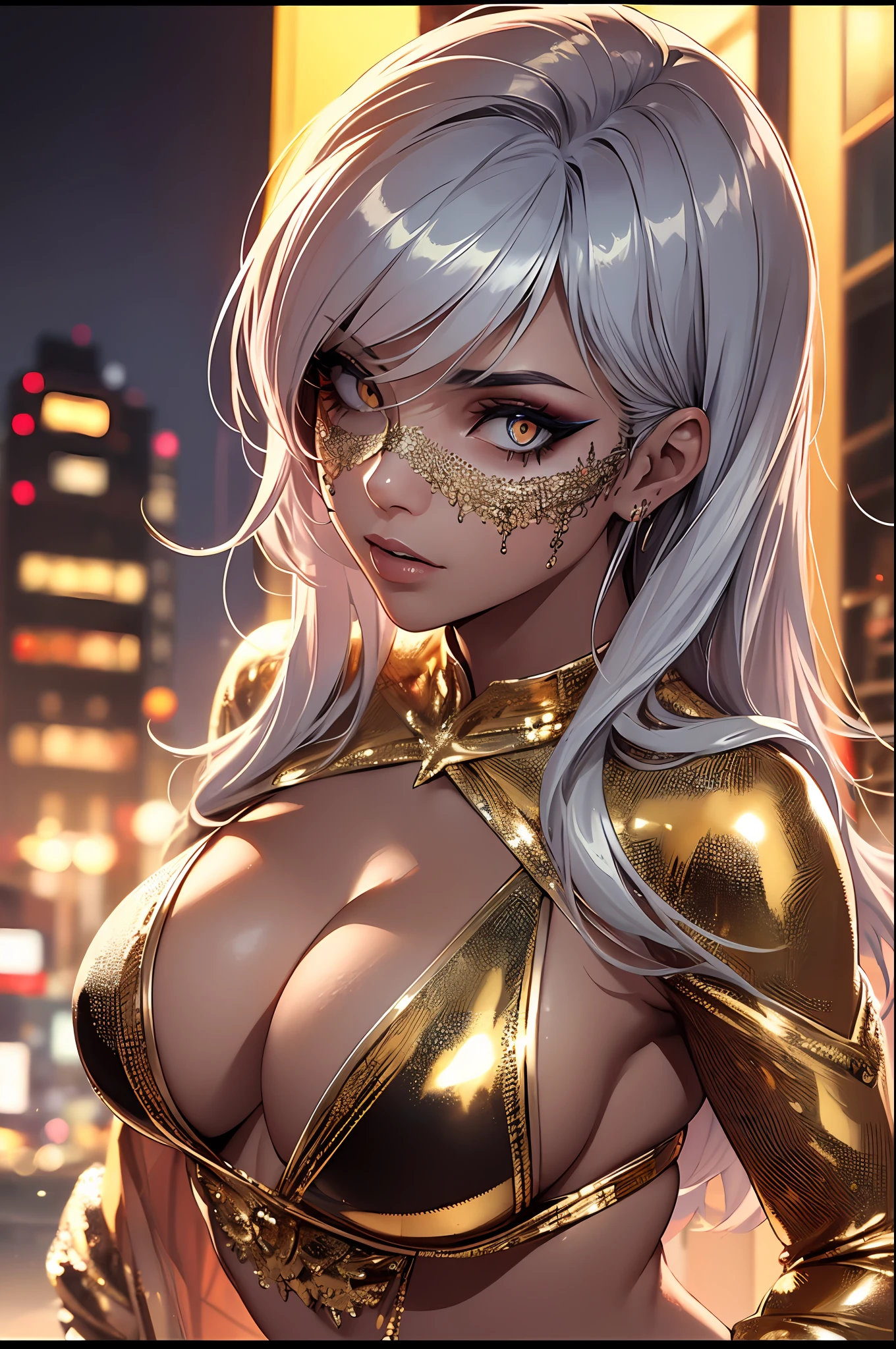 16K, RTX, HDR, extremely high details, intricate, professional makeup, closeup shot, best quality, masterpiece, night time, 1woman, solo, mature, cool, edgy, muscular, sexy golden micro bikini top, glowing eyes, silver long hair, smooth skin, big boobs, cleavage, ((extremely slutty)).