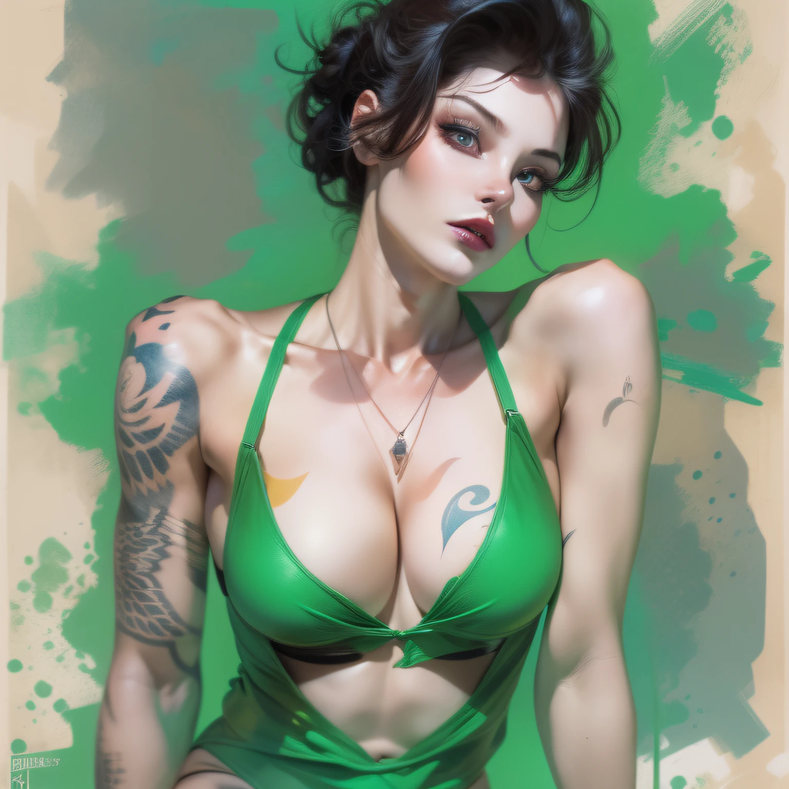 Generate a high-quality image of a woman drawn in style of Alberto Vargas and Alex Maleev. The girl should be depicted in a full-body pose, wear bikini, wearing dark makeup and featuring tattoos on her skin. Her hair should be black and her eyes should be a striking blue color. The overall image should emphasize the sensuality and beauty of the female form while incorporating the gritty, urban style of Alex Maleev's artwork