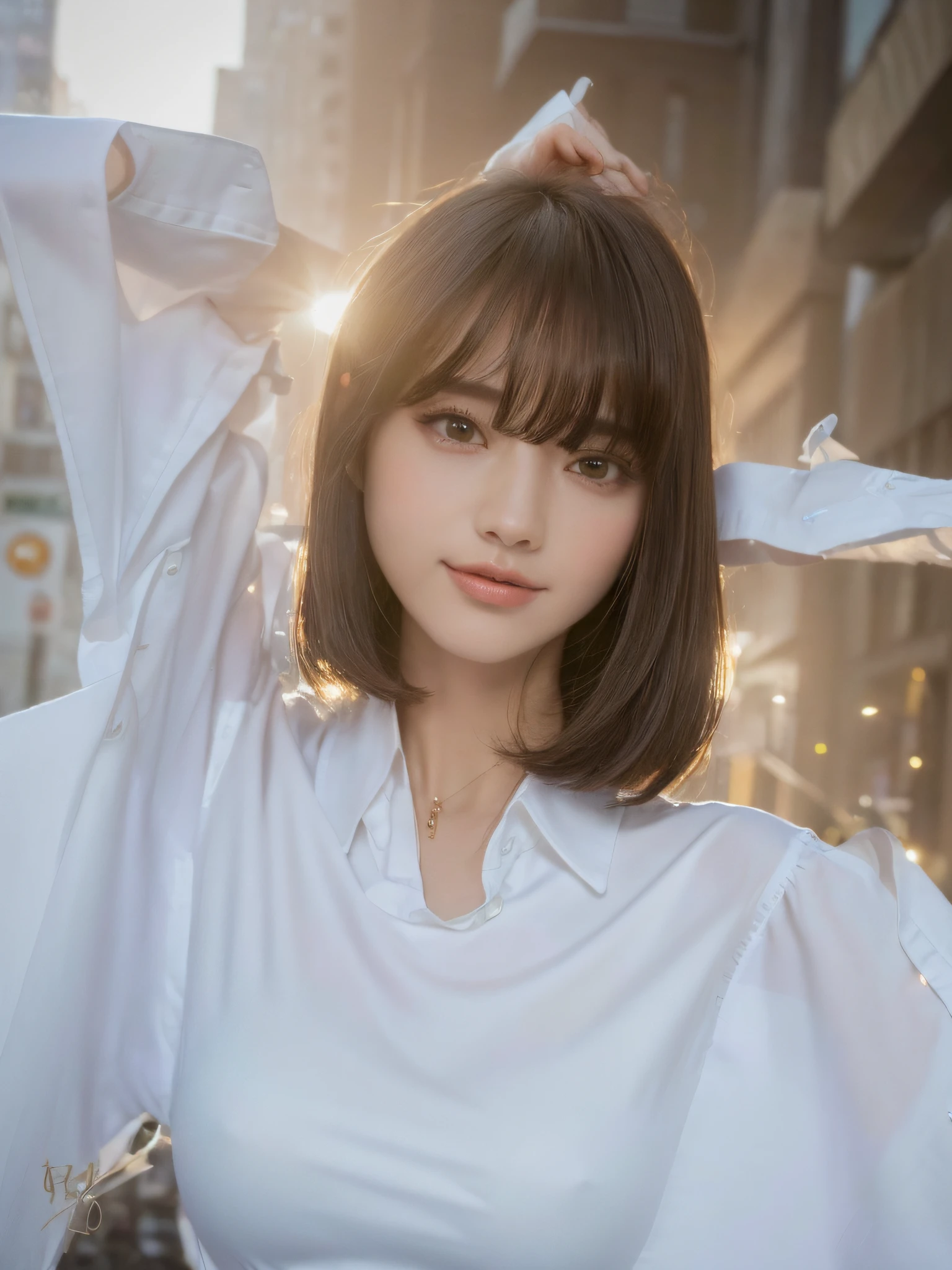 ((Best Quality, 8K, Masterpiece: 1.3)), Sharp: 1.2, Perfect Body Beauty: 1.4, Slim Abs: 1.2, ((Layered Haircut, Medium Breasts: 1.2)), (Slim White Button Long Shirt: 1.1), City Street: 1.2, Highly Detailed Facial and Skin Texture, Delicate Eyes, Double Eyelids