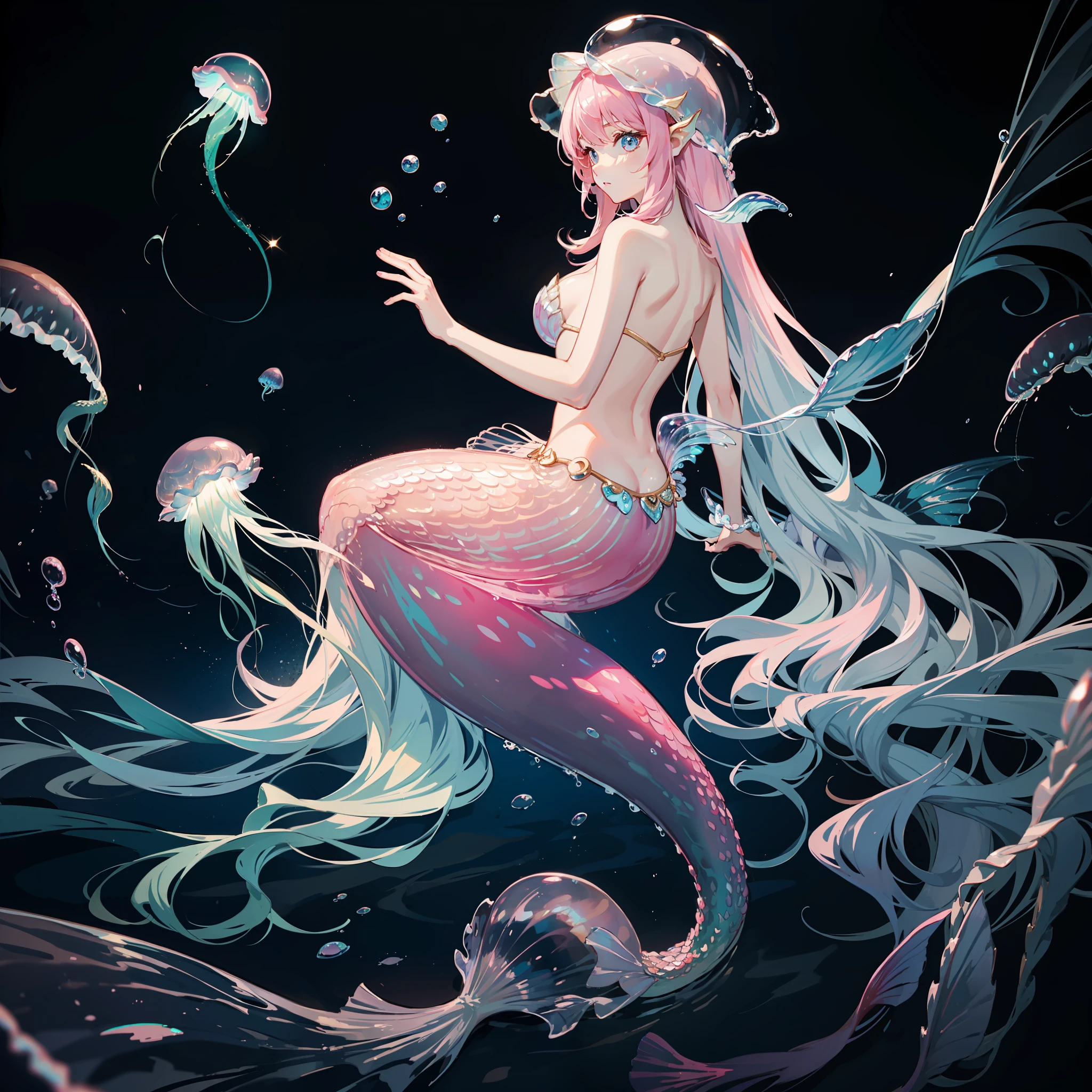 jellyfish woman, ocean, (mermaid tail:1.3), light, bubbles, mermaid, jellyfish hair, (jellyfish:1.3), pink, light pink, jellyfish hair