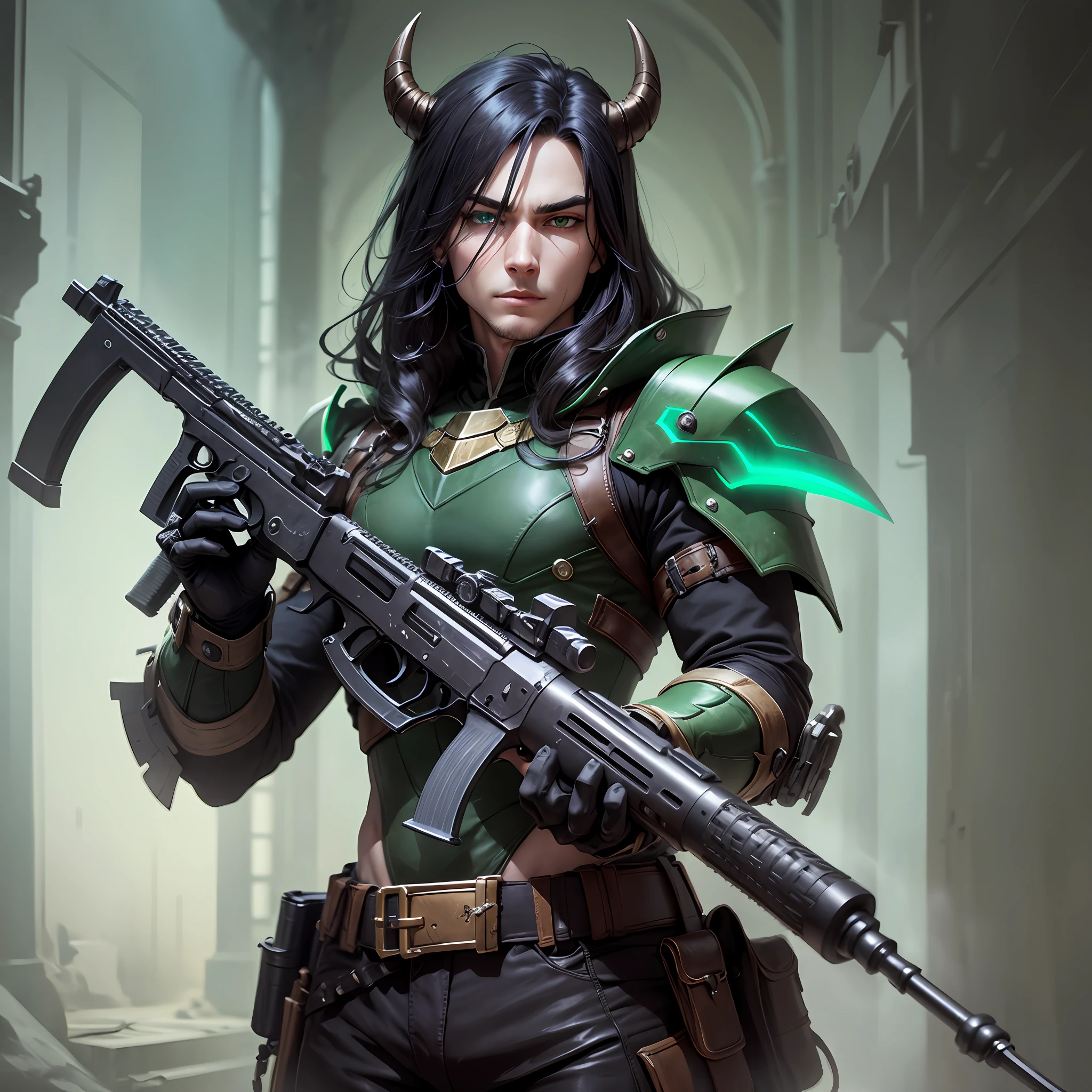 Male demon hunter long black straight hair green eyes two guns --auto --s2