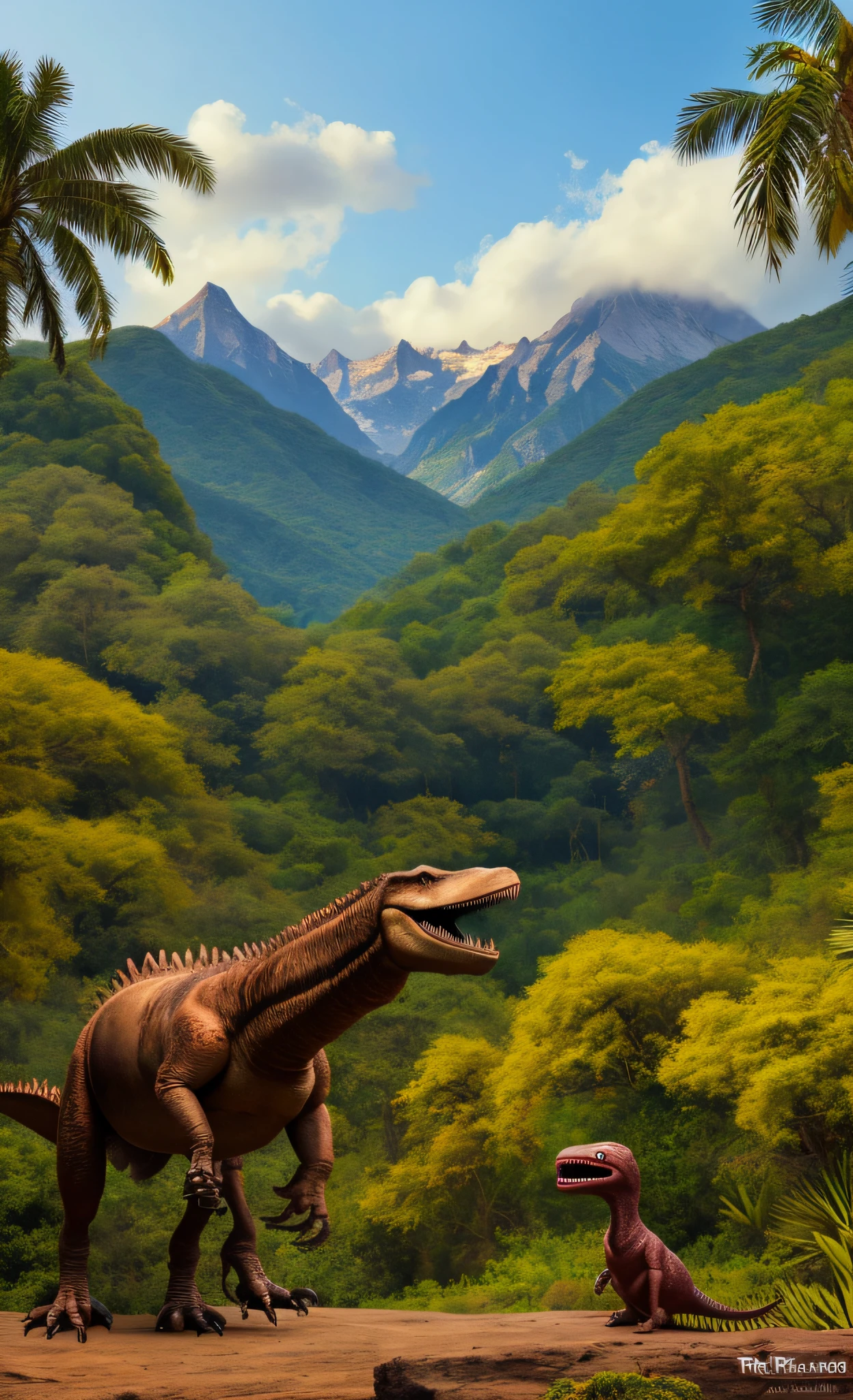 fondo detallado, obra maestra, mejor calidad, paisaje, Mountains, Kali, bosque tropical, sol, tag, nubes una familia de dinosaurios t-rex