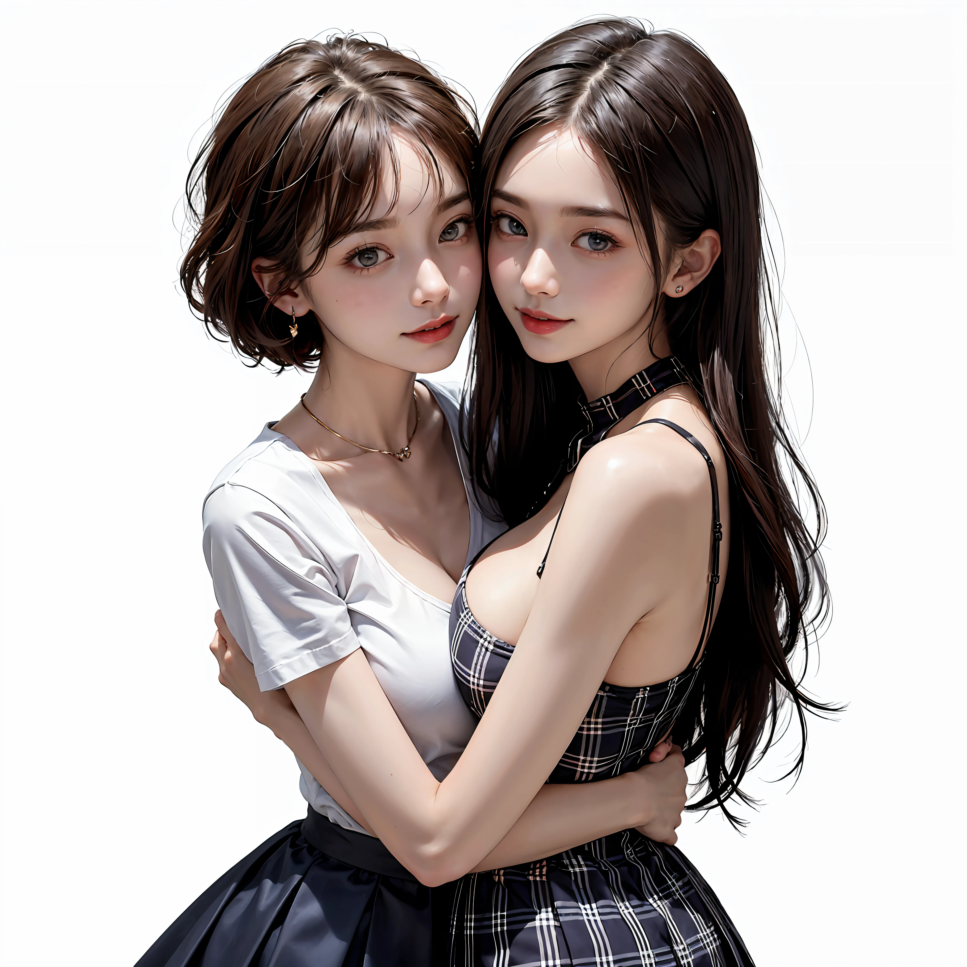 Two people facing each other and hugging happily、Two people hugging each other happily、Two people hugging each other tightly、Two people put their cheeks together、Two people touching cheeks with cheeks、Both of them are staring at the camera slightly above、Look firmly at the camera、Lesbian couple、Lily couple、((Bring your cheeks together、38 years、Both supermodels are 190cm tall、high-angle、Look up at the camera at the top、Straighten your back))、Two pretty and pretty girls、masterpiece、top-quality、realisticlying、realisitic、Seductive bright smile、Both of them have short clean hair with bangs、bangss、bangss、Both have short hair、clean hair with bangs、Short sleeve white shirt with collar、White shirt with collar、(Plaid pleated skirt)、enticing eyes、Both have very large breasts、very Bigger breasts、Big ass、big breasts thin waist、(cleavage of the breast)、(Immaculate white background with nothing really)、ighly detailed、Very tall、neck long、the neck is long、Straighten your back、Put your ears out、Highlights in the eyes、lipgloss、glowy skin、White-colored skin、Clean collarbone、closes mouth、Close your mouth and smile、Happily、Nice proportions、lovely、Charming and endearing、Colorful random collar shirt、Colorful random color skirt、Do not add shadows、No shadows、No shadows on the face、natural soft light、natural soft light、Gentle light