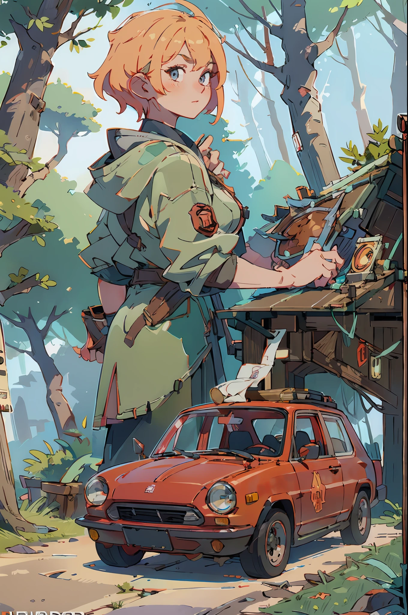 ((Game architecture icon, Game icon)), (woods, red car, campfire, Beautiful), (A girl, Short Hair Hair, blond), reasonable structure, HD, Game icon, perfect work, intricate design, Game model, awesome lighting, c4d, oc render, Illumination of the edge of the film, Subtle light, Masterpiece, super detaill, epic composition, extra high resolution, hiquality, Highest Quality, 12)