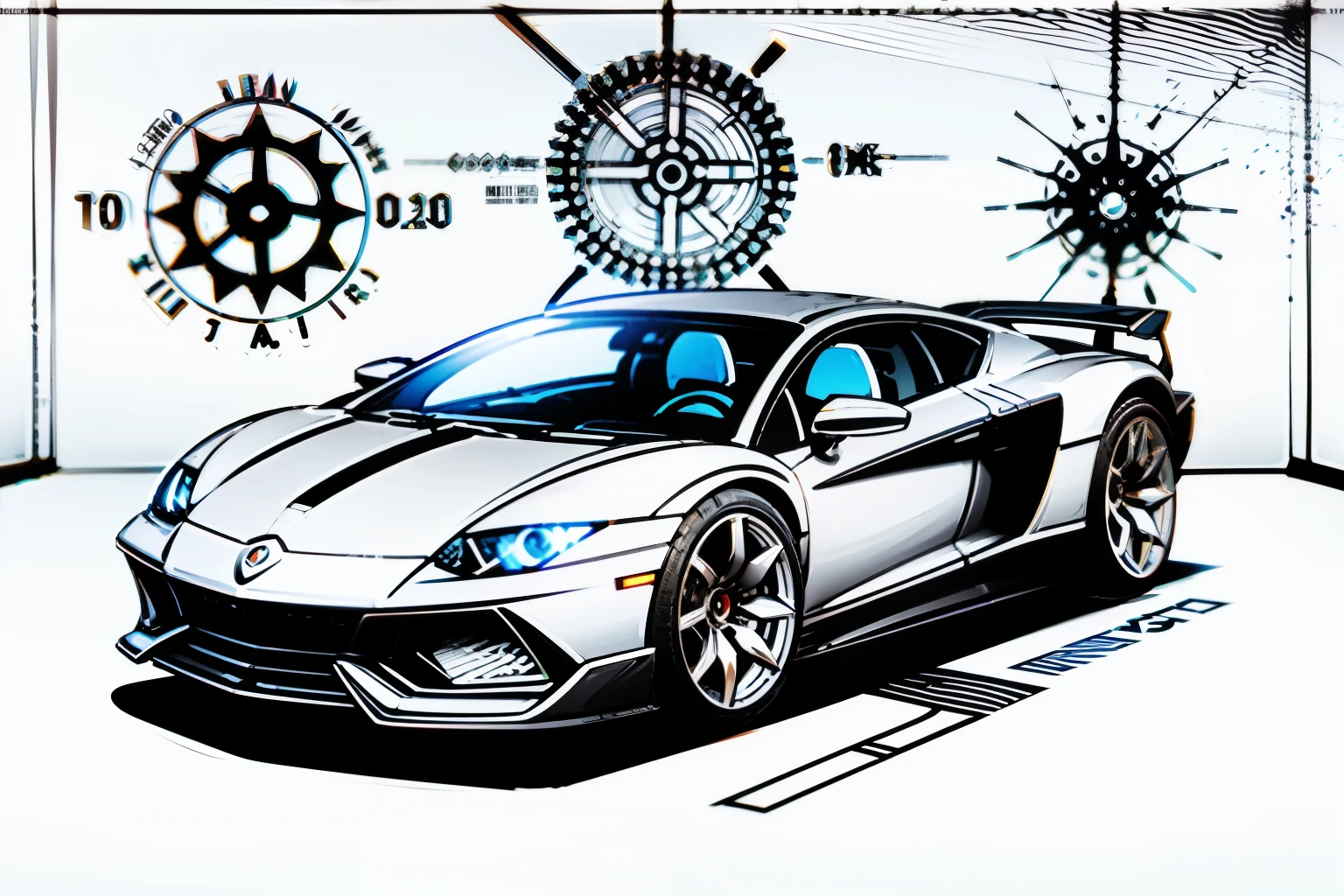 Painting of a white sports car with a compass on the back..., Automotive Design Art, lamborghini, Bold Lamborghini style, No shadow.,Vehicle illustration, Sports Car, 10, Art style with outstanding details, Black and white lines., HD Artwork, High contrast illustration, Sports Car, Sketch style, Car Design, Vector Art HD, Car Concept Art, Sports Car, Coloring book format