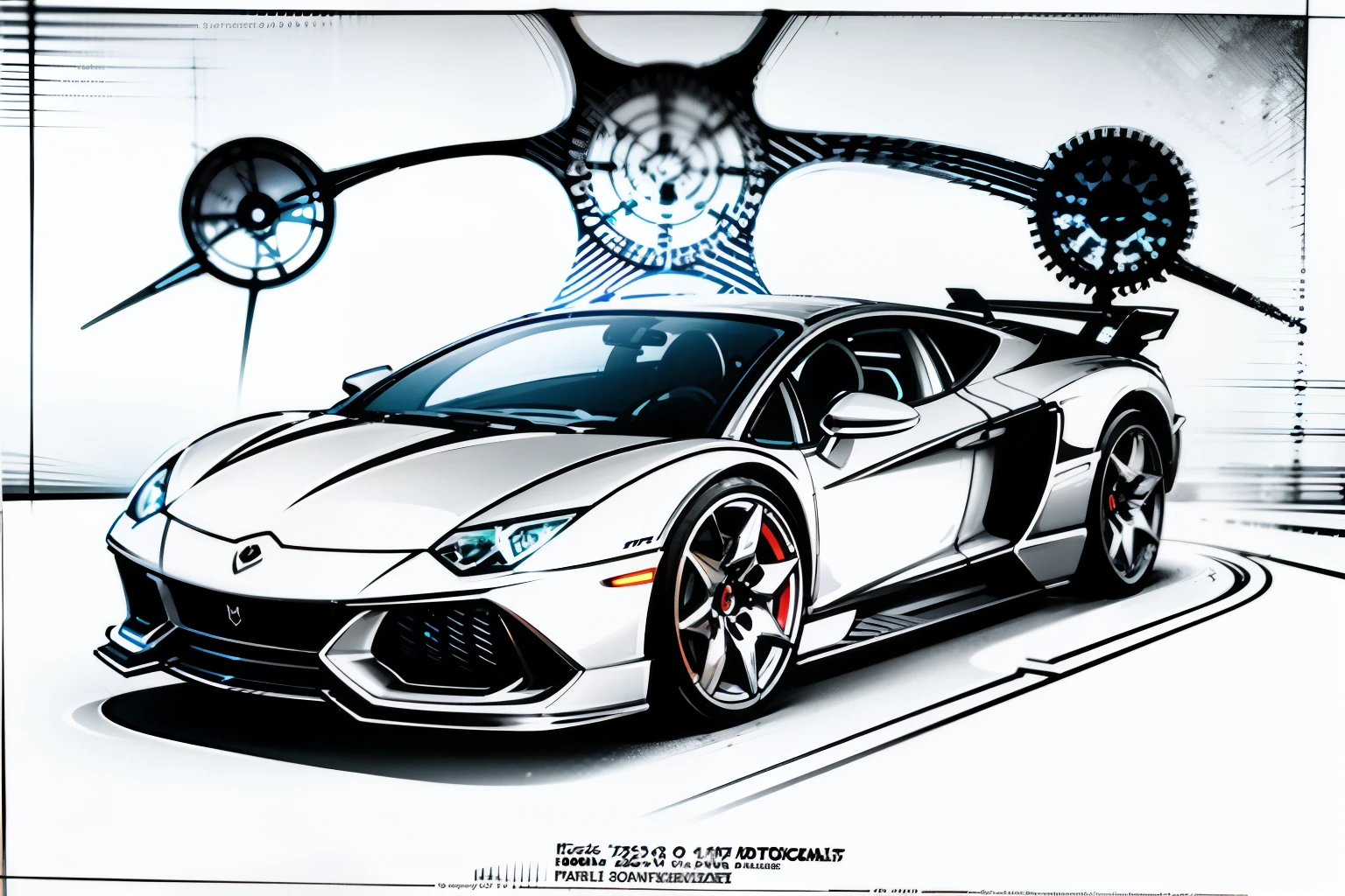 Painting of a white sports car with a compass on the back..., Automotive Design Art, lamborghini, Bold Lamborghini style, No shadow.,Vehicle illustration, Sports Car, 10,  Art style with outstanding details, Black and white lines., HD Artwork, High contrast illustration, Sports Car, Sketch style, Car Design, Vector Art HD, Car Concept Art, Sports Car, Coloring book format