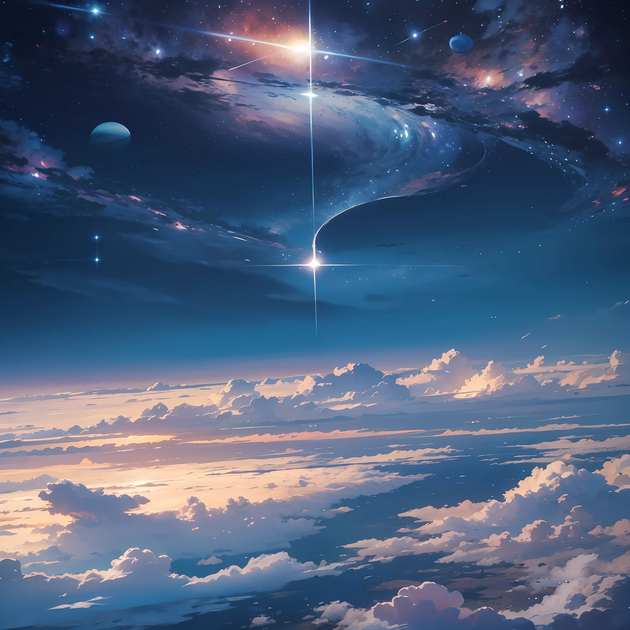 Anime - Scene style of a beautiful sky with a star and a planet, cosmic skies. por makoto shinkai, Anime Art Wallpaper 4K, Anime Art Wallpaper 4K, Anime Art Wallpaper 8K, 4k anime wallpapers, Anime Wallpaper 4k, anime sky, Papel de parede anime 4k, paper awesome wallpaper, Fundo do anime, heaven planet in background, arte de fundo do anime