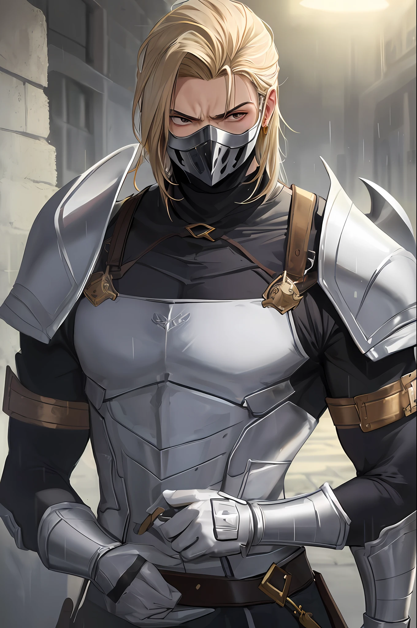 melhor qualidade, mais detalhes, obra-prima, 1st grade, retrato, Foco masculino, Chuva, capuz, sozinho, luxuoso, 8k, detalhado, ray tracing, profundidade de campo, cinemac lighting, um paladino robusto, usando uma armadura leve, um homem musculoso, a kind hero, fundo medieval