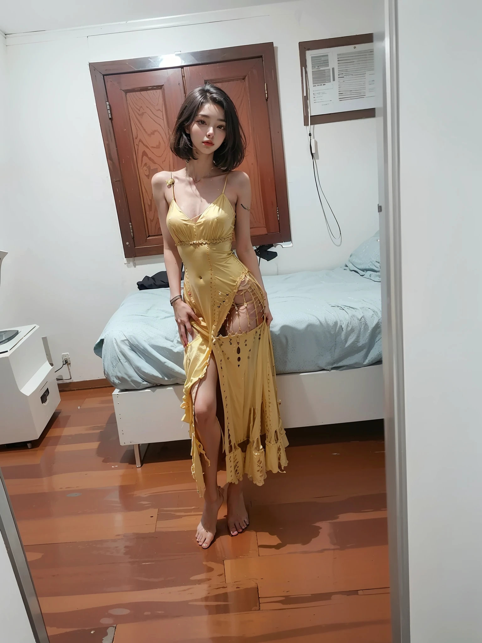 Best quality, delicate face, 25-year-old girl, slim body, body made of metal, small bust, metal structural skeleton, seaside, standing posture, beach, huge spaceship floating in the air, cyberpunk, sci-fi