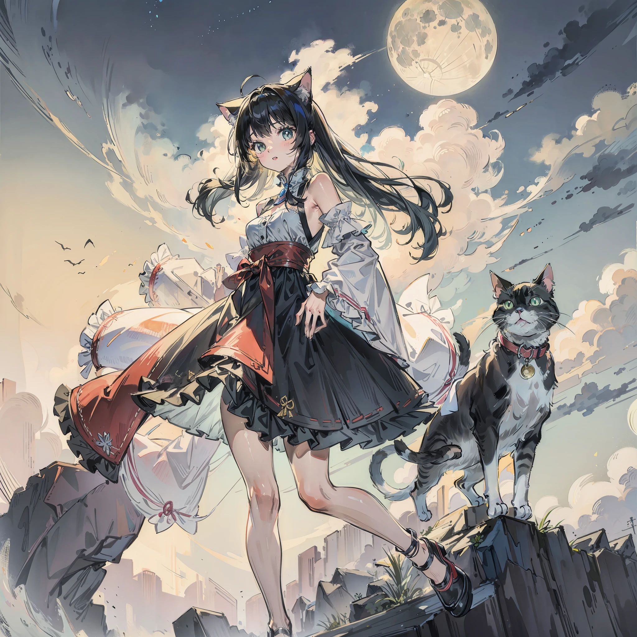 top-quality、masterpiece、Take a cute cat、fullmoon
