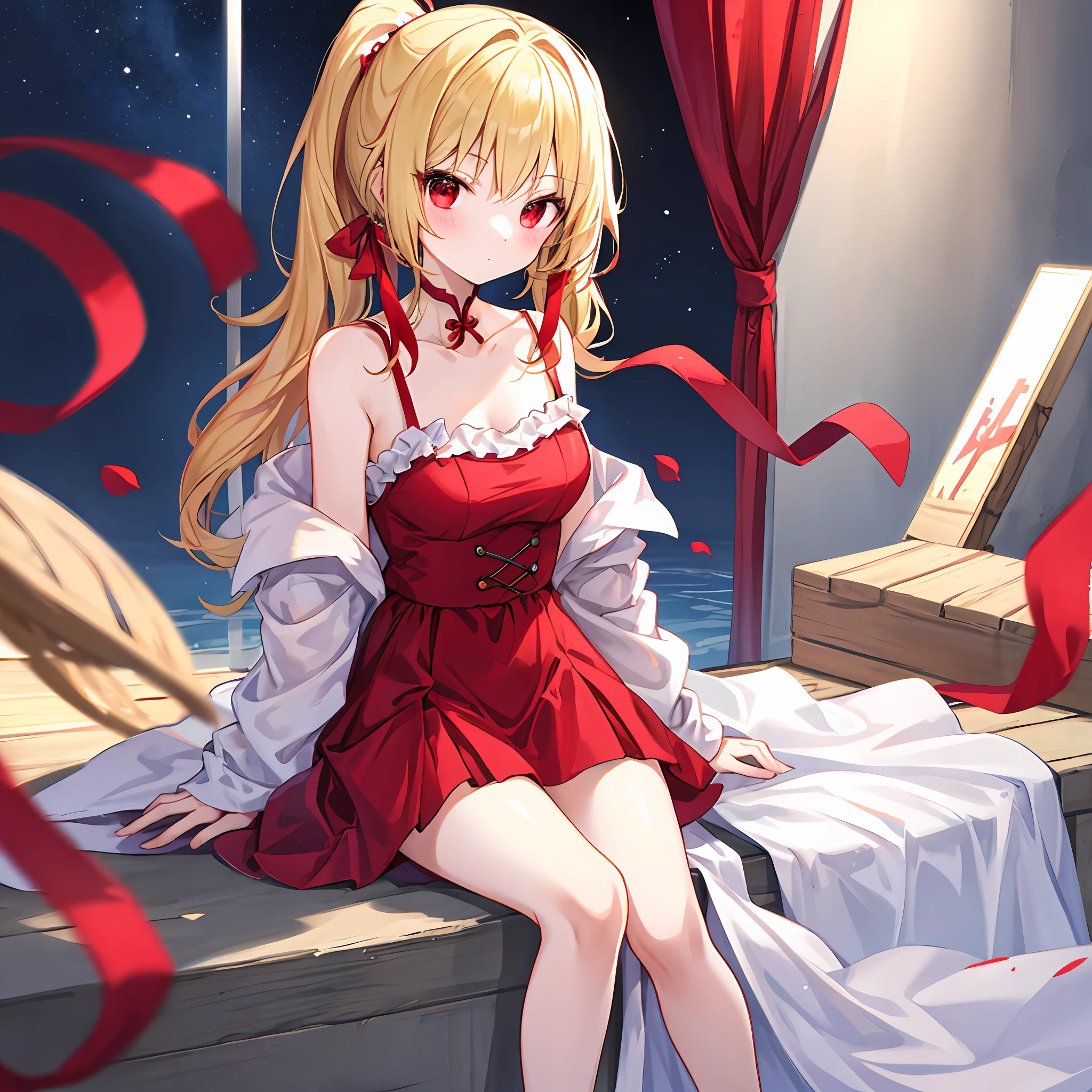 poneyTail、One blonde girl、独奏、red eyes、robe blanche、Red ribbons