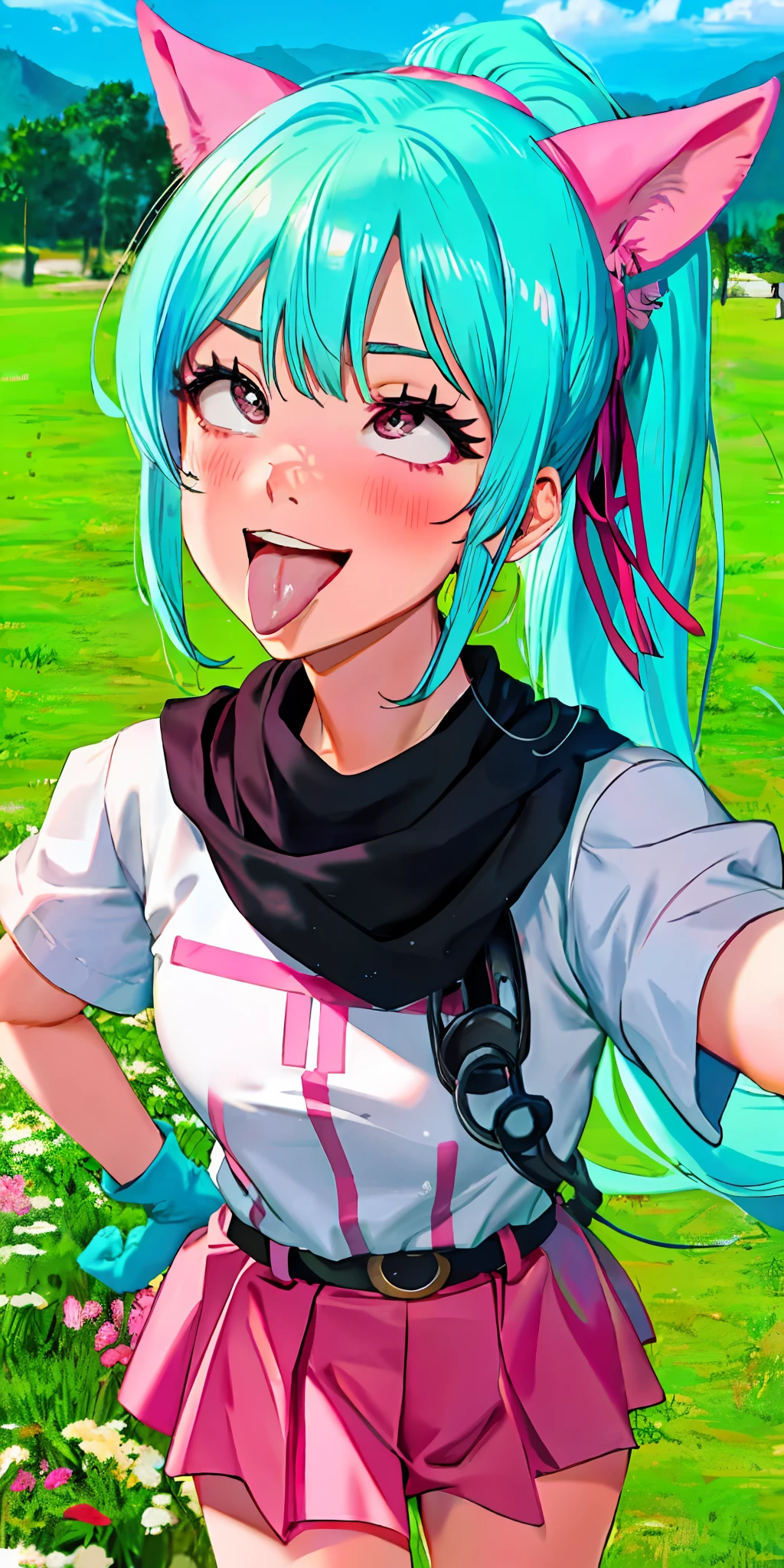 Bulma, best quality, highres, dragon ball, blmpony, aqua hair, hair ribbon, braided ponytail, pink shirt, belt, scarf, pink skirt, clothes writing, brown gloves, medium breasts, outdoors, cowboy shot, waving,  standing, leaning forward, shiny skin, tongue out of mouth, blush, sexy body, defined body, perfect eyes, tongue out, blush, crossed eyes