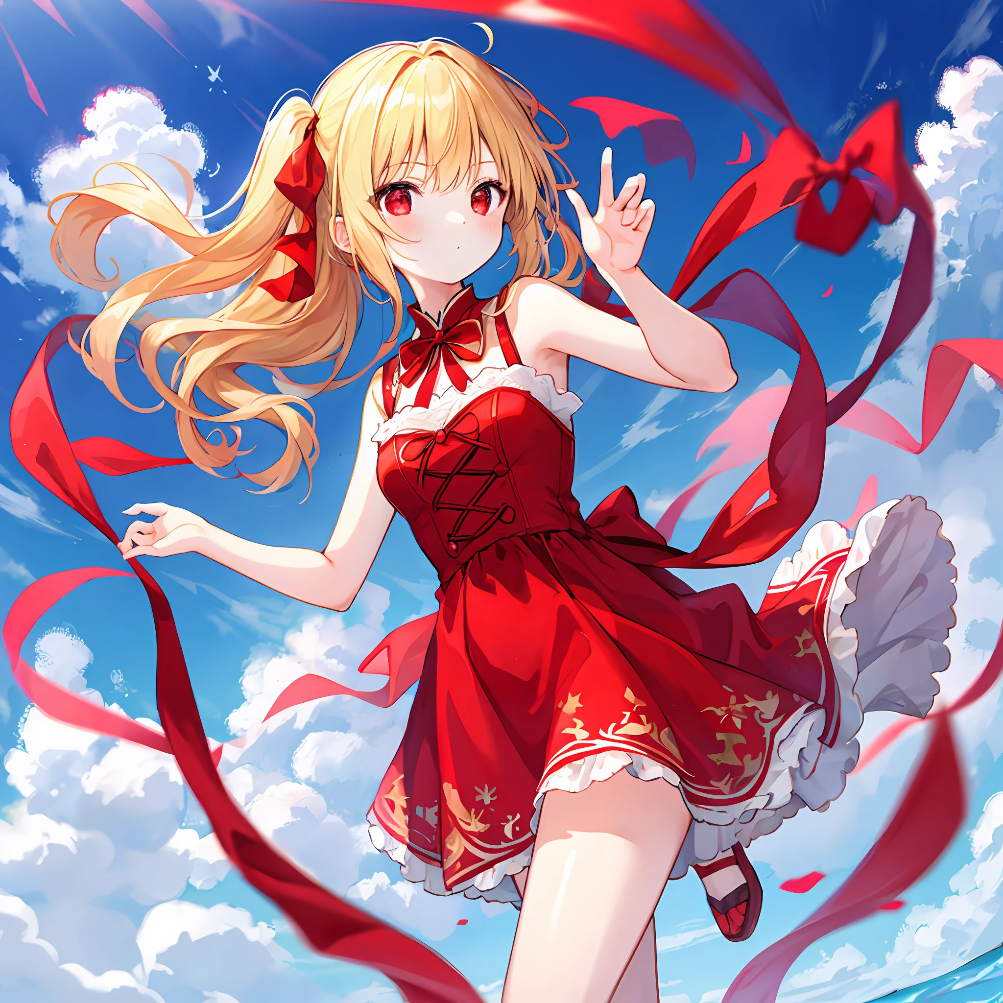 poneyTail、One blonde girl、独奏、red eyes、Bright red dress、Red ribbons