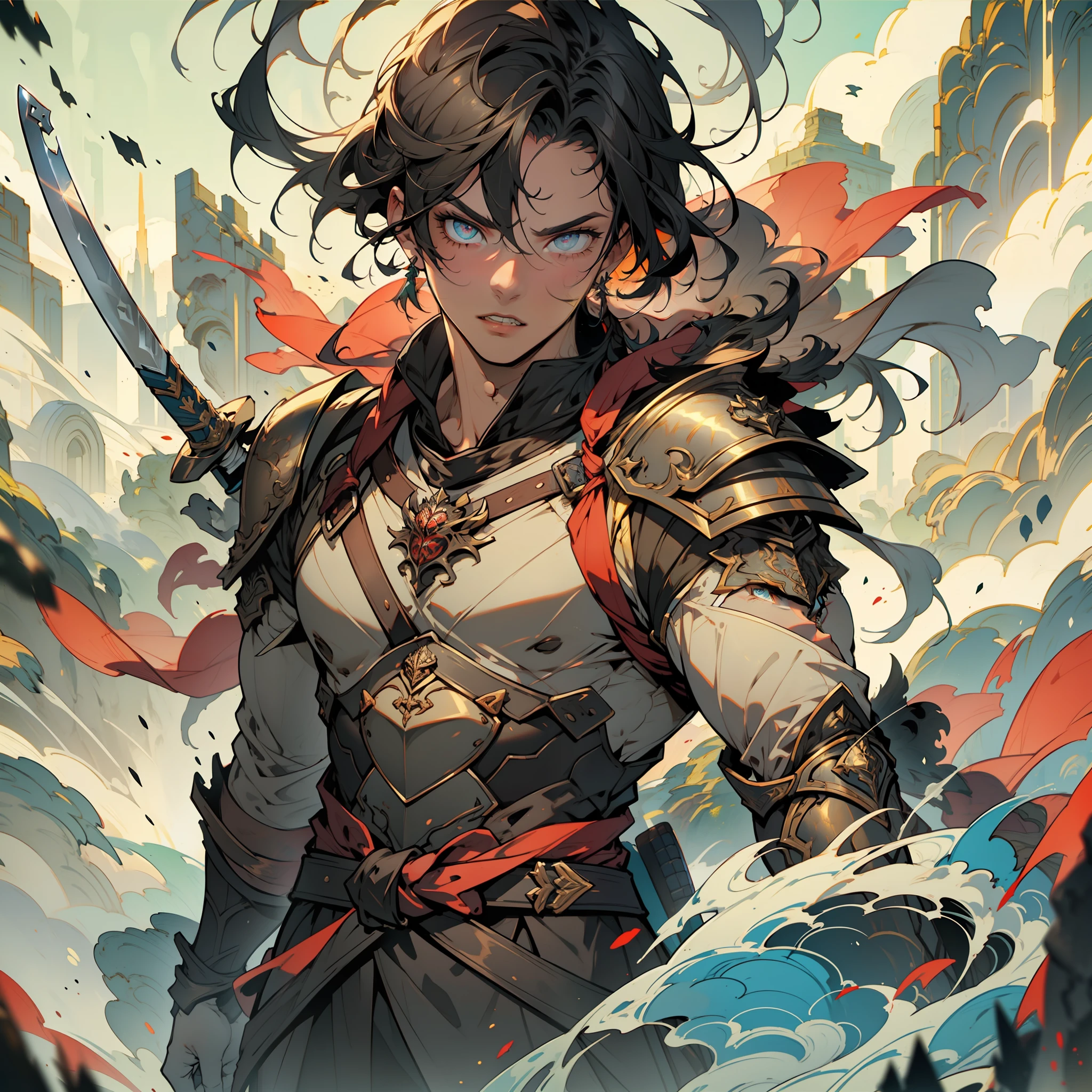 1 man, male focus, mountain scape,(holding 1 sword), armor, sheath, pectorals, scabbard, shoulder armor, full body, bound hair, jewelry, muscular,his eyes wide open in anger, character drawing, high definition, best quality, ultra-detailed, extremely delicate, anatomically correct, symmetrical face, extremely detailed eyes and face, high quality eyes, RAW photo, UHD, 8k, professional lighting, soft lighting, (masterpiece:2)