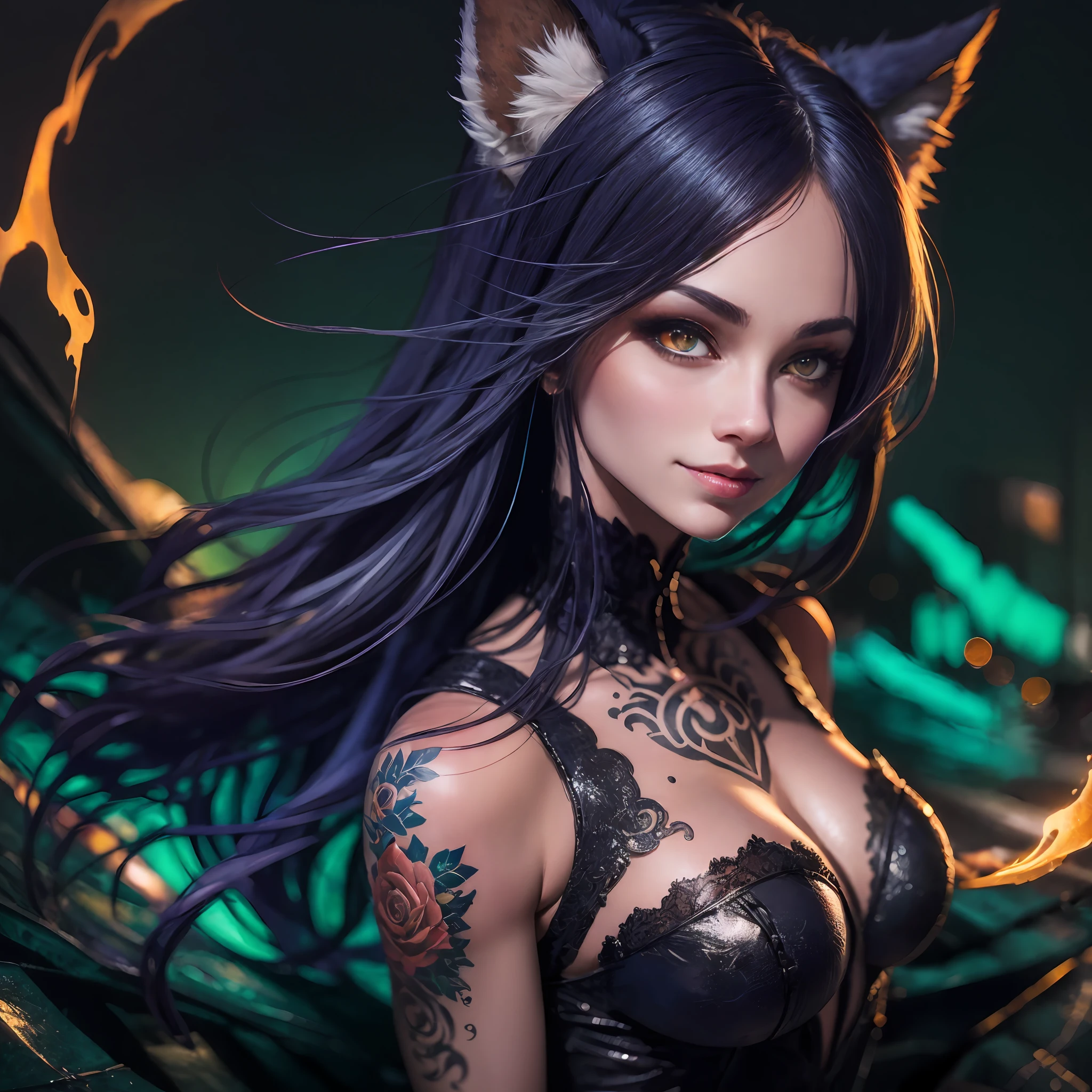 A Masterpiece, Fantasy world, Anime Style, Very Attractive,  Orang  Sexy Fox Girl, Perfect Yellow Big eyes, In a Fantasy City, Tattoos,  Perfect Face, Perfect Body, Detailed and Intrincicate, Photoshoot, HD, Smilling, Bioluminicense, neon, fire, windy, powers, Blue flames