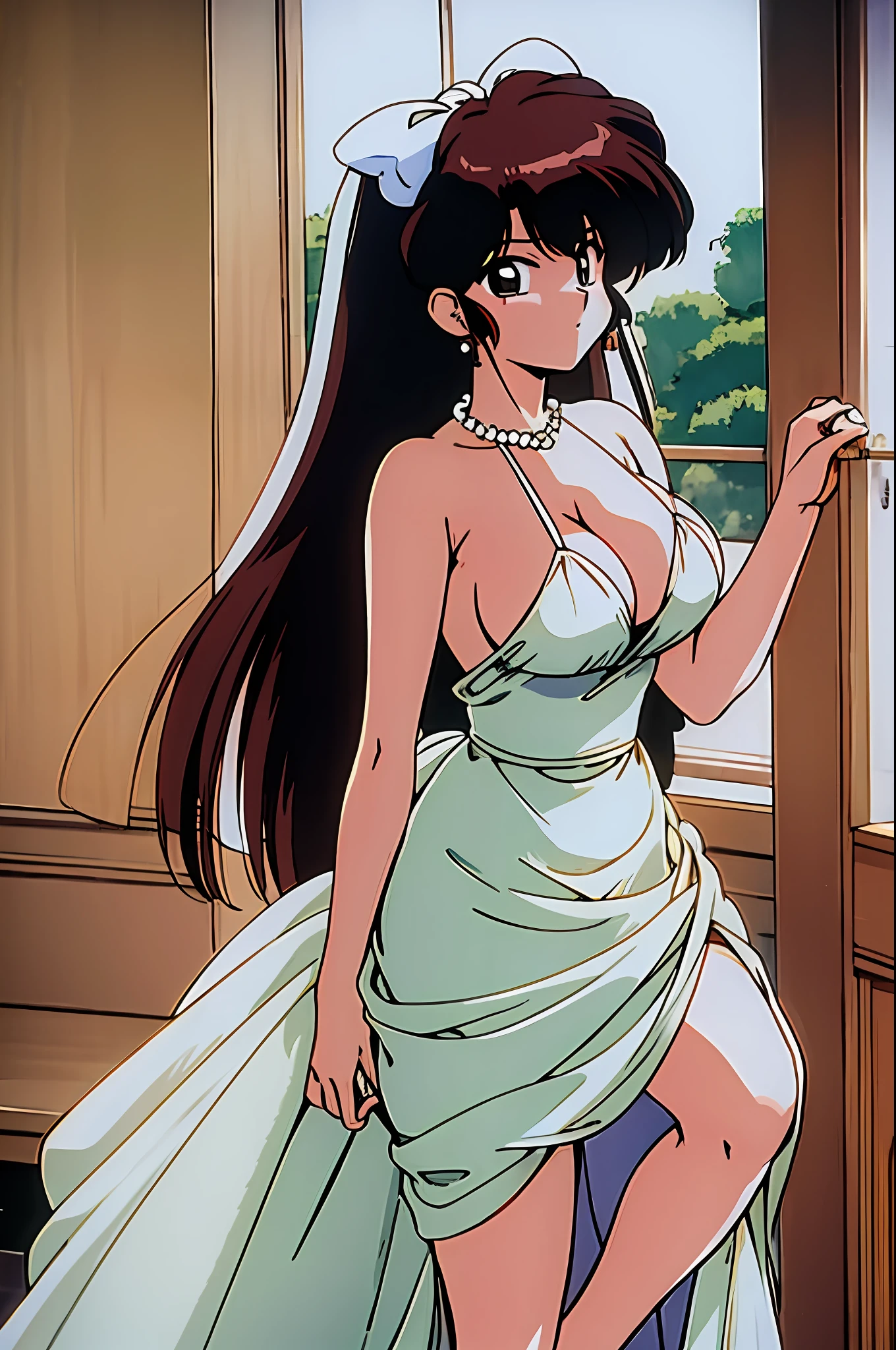 masterpiece, best_quality, highres, KuonjiUkyo, large_breasts, solo, standing, leg curtain, hair_bow, brown_hair, wedding dress,