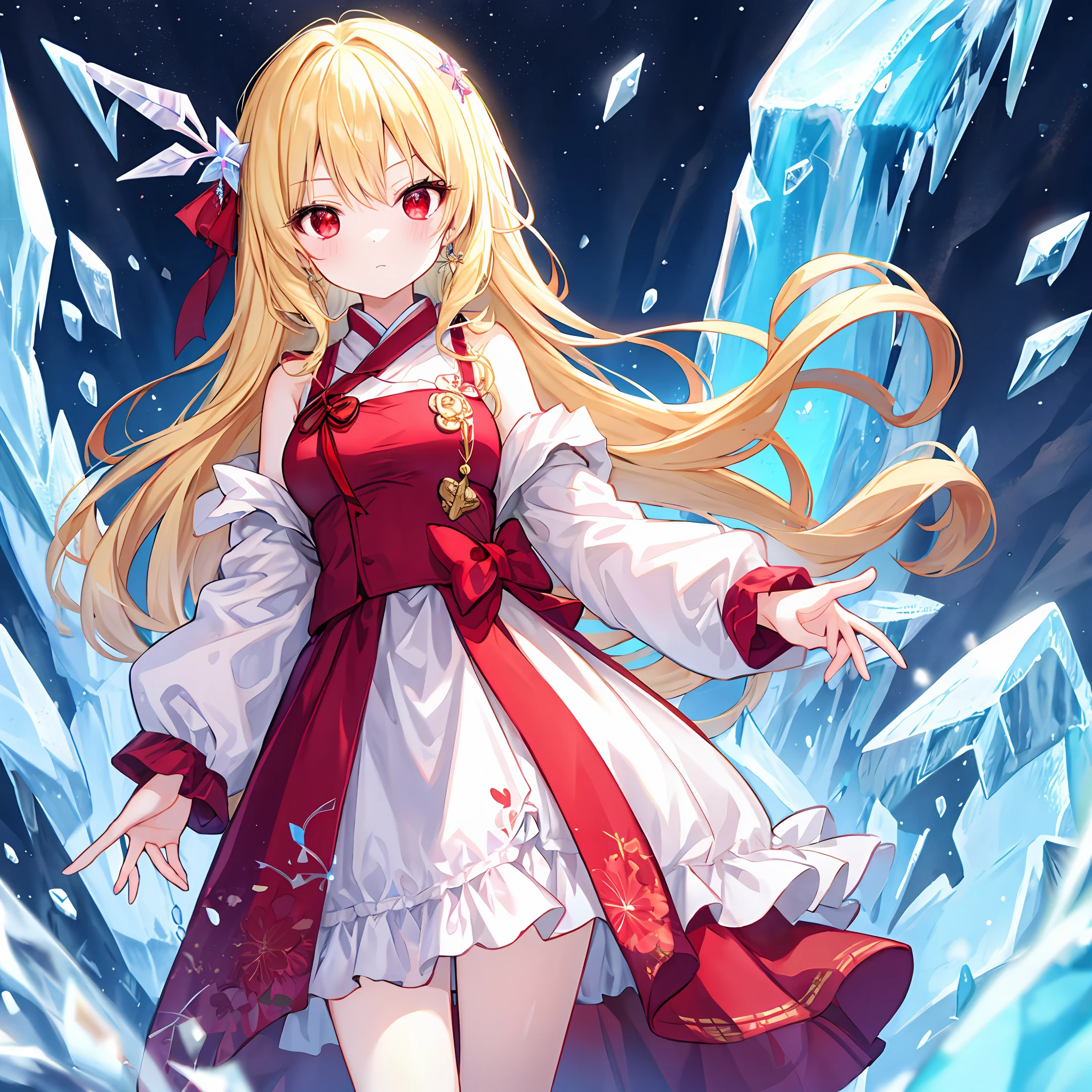 One beautiful blonde girl、red eyes、icy、icicle、glacia