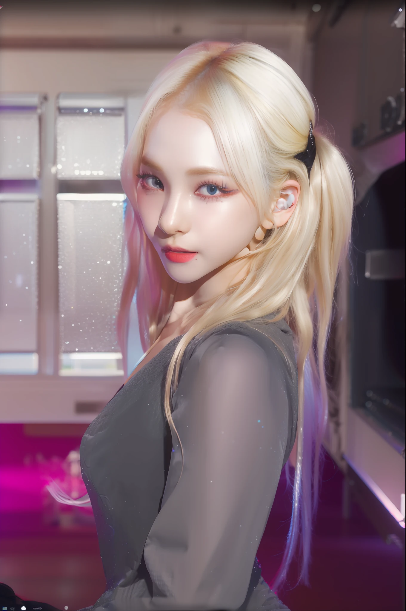 (8k, 4k, best quality, highres, ultra high res:1.1), (masterpiece, realistic, photo-realistic:1.1), 1girl, face, close-up, twintails, blonde hair, black eyes, red lips, (looking at viewer:2), absurdly long hair, long eyelashes, eyeshadow, small face, big eyes,
bare shoulders,
high contrast,