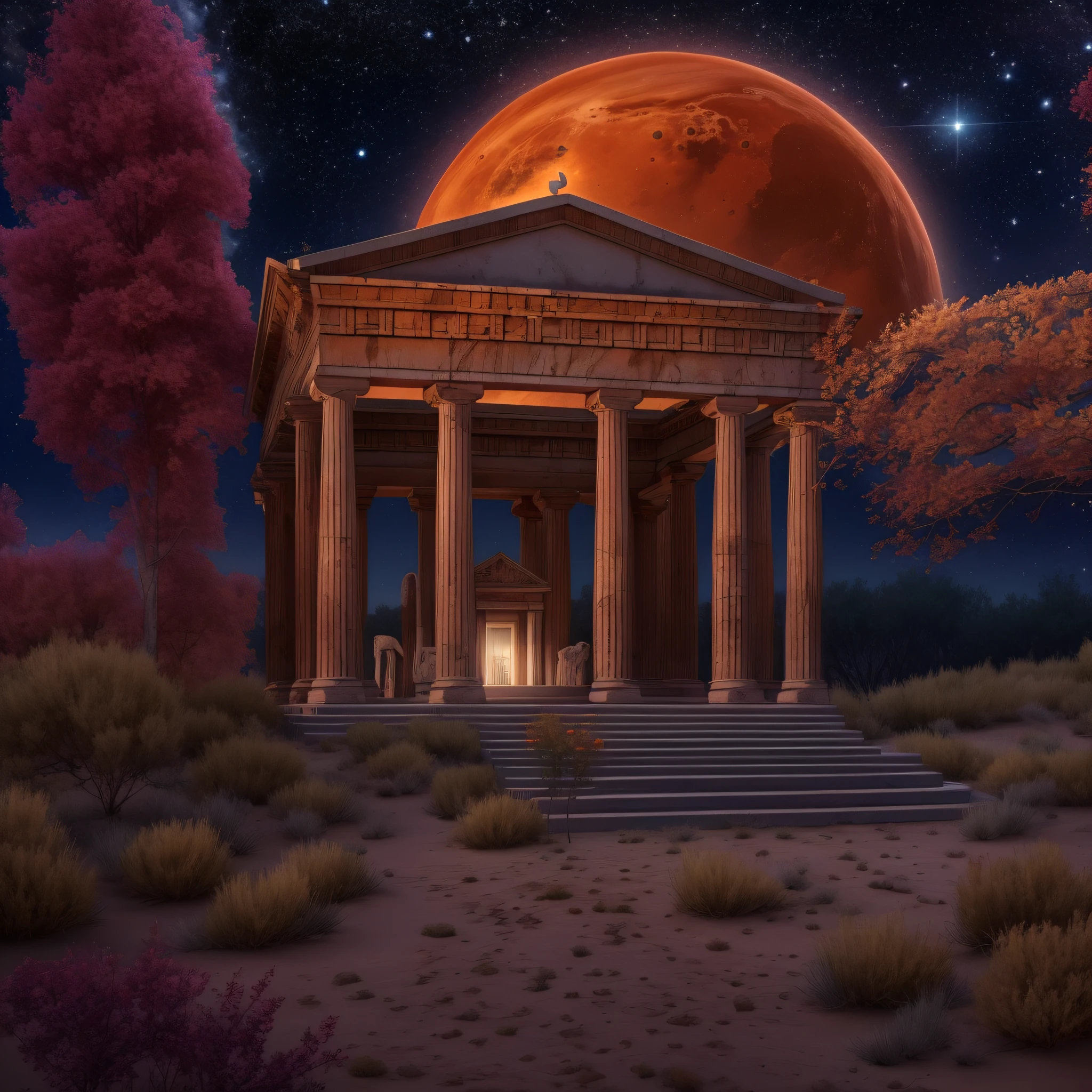 A fully restored Greek pagan religious temple in a nighttime setting, a starry sky above with the red planet Mars dominating the landscape