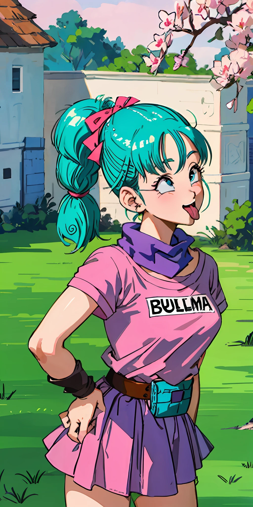 (((Bulma))), best quality, highres, dragon ball, blmpony, aqua hair, hair ribbon, braided ponytail, pink shirt, belt, scarf, pink skirt, blue eyes, clothes writing, brown gloves, medium breasts, outdoors, waving, standing, leaning forward, shiny skin, tongue out of mouth, blush, sexy body, defined body, perfect eyes, tongue out, blush, crossed eyes