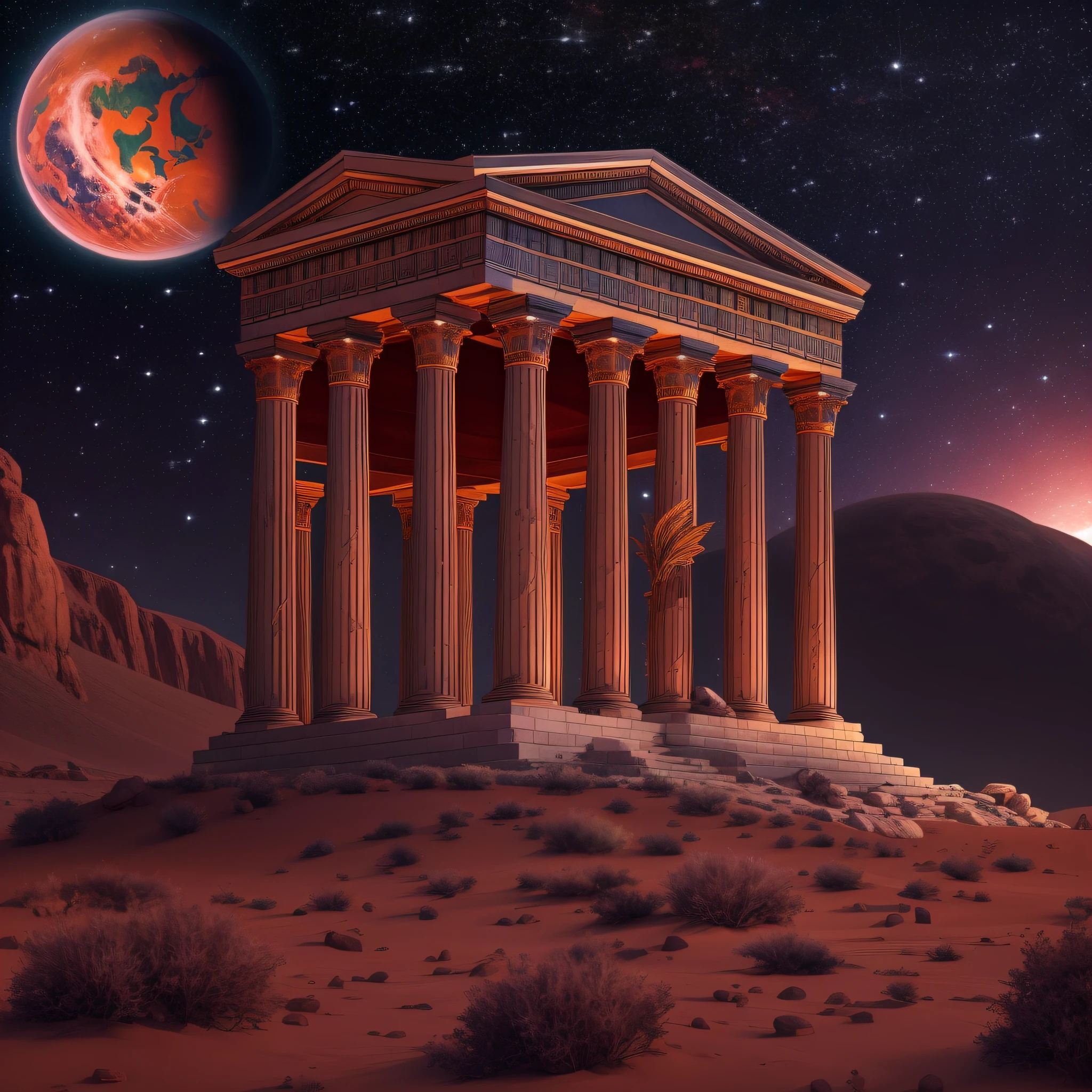 A fully restored Greek pagan religious temple in a nighttime setting, a starry sky above with the red planet Mars dominating the landscape