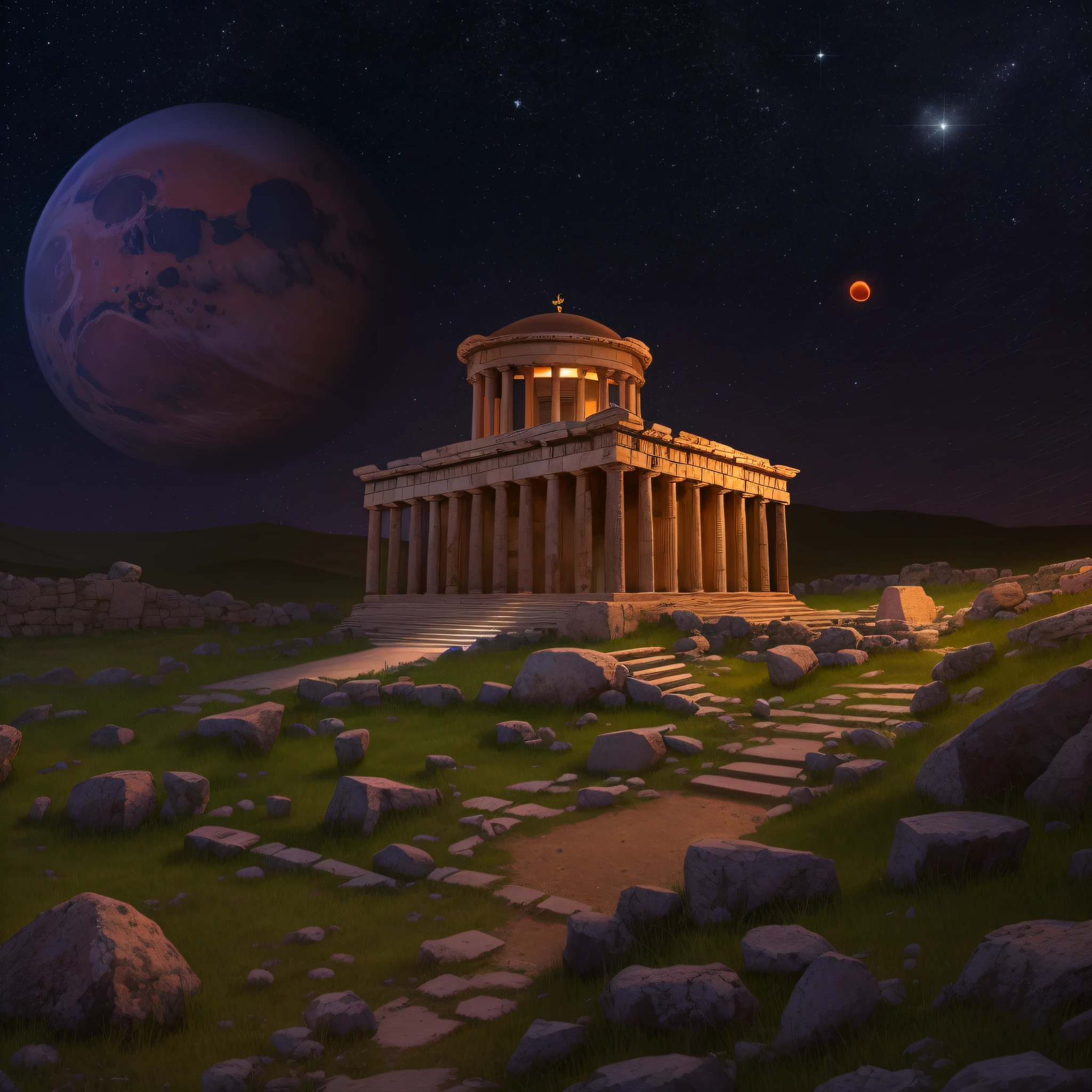 A fully restored Greek pagan religious temple in a nighttime setting, a starry sky above with the red planet Mars dominating the landscape