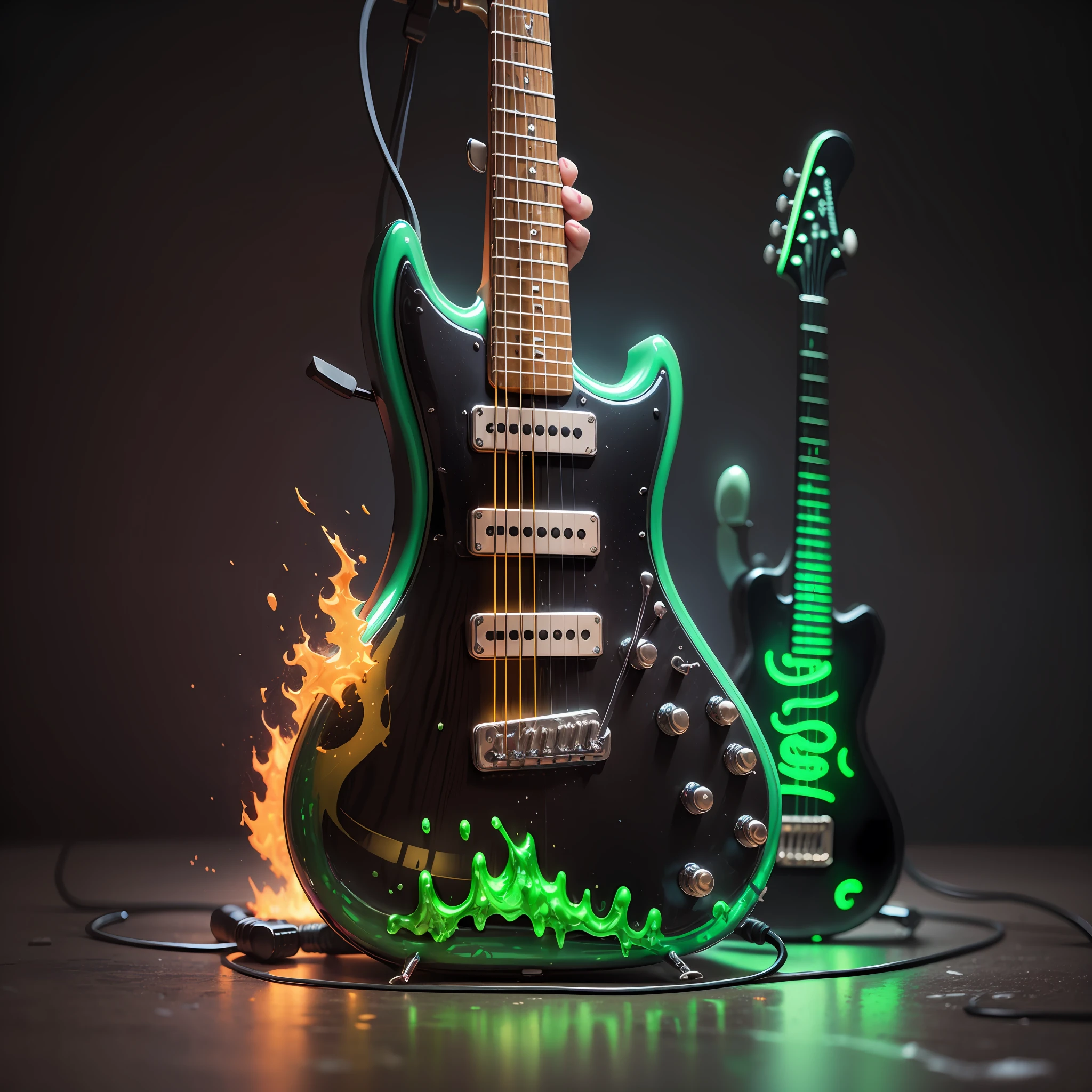 flaming neon Guitar, cyberpunk style, Guitar dripping glowing slime,  high quality, highly detailed