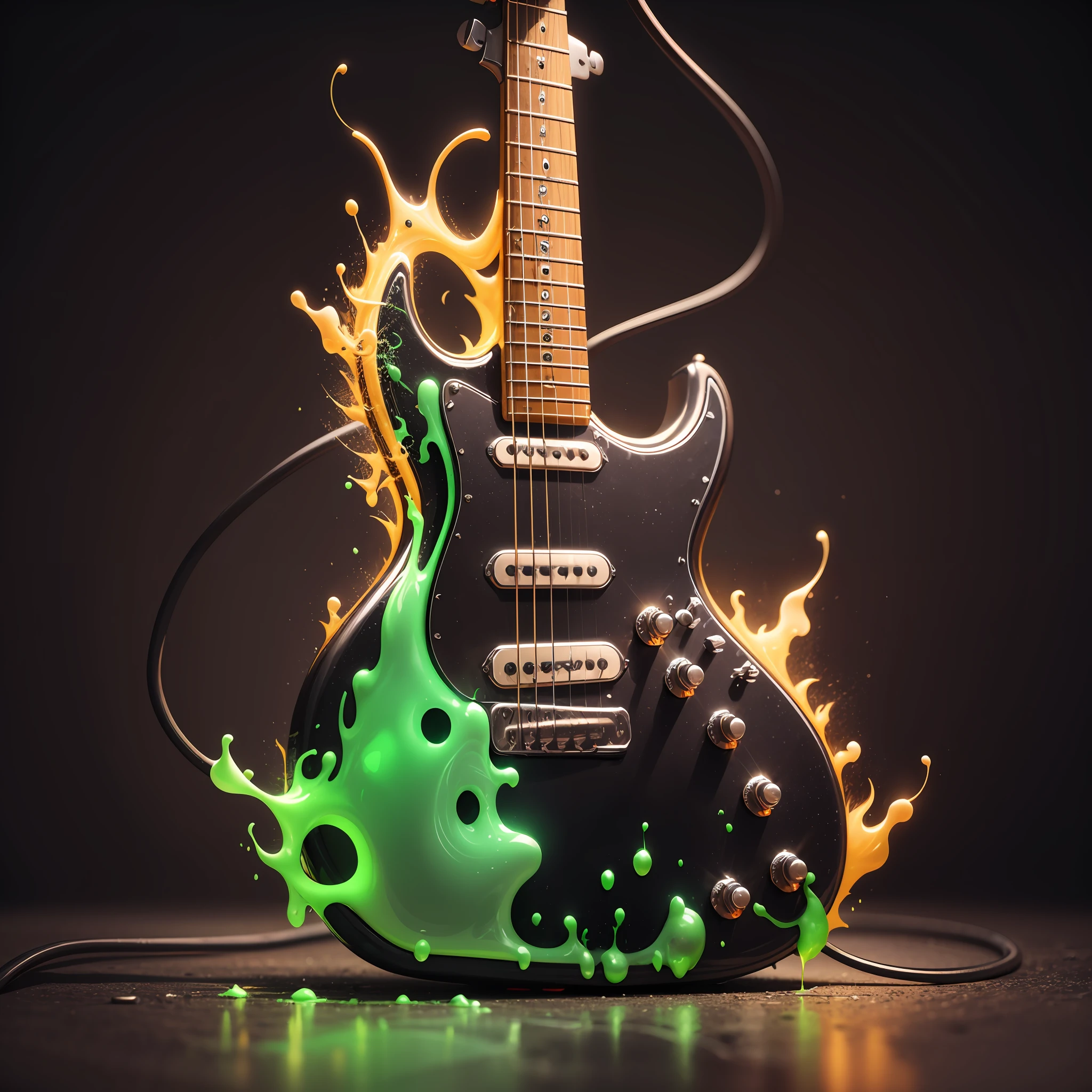 flaming neon Guitar, cyberpunk style, Guitar dripping glowing slime, high quality, highly detailed