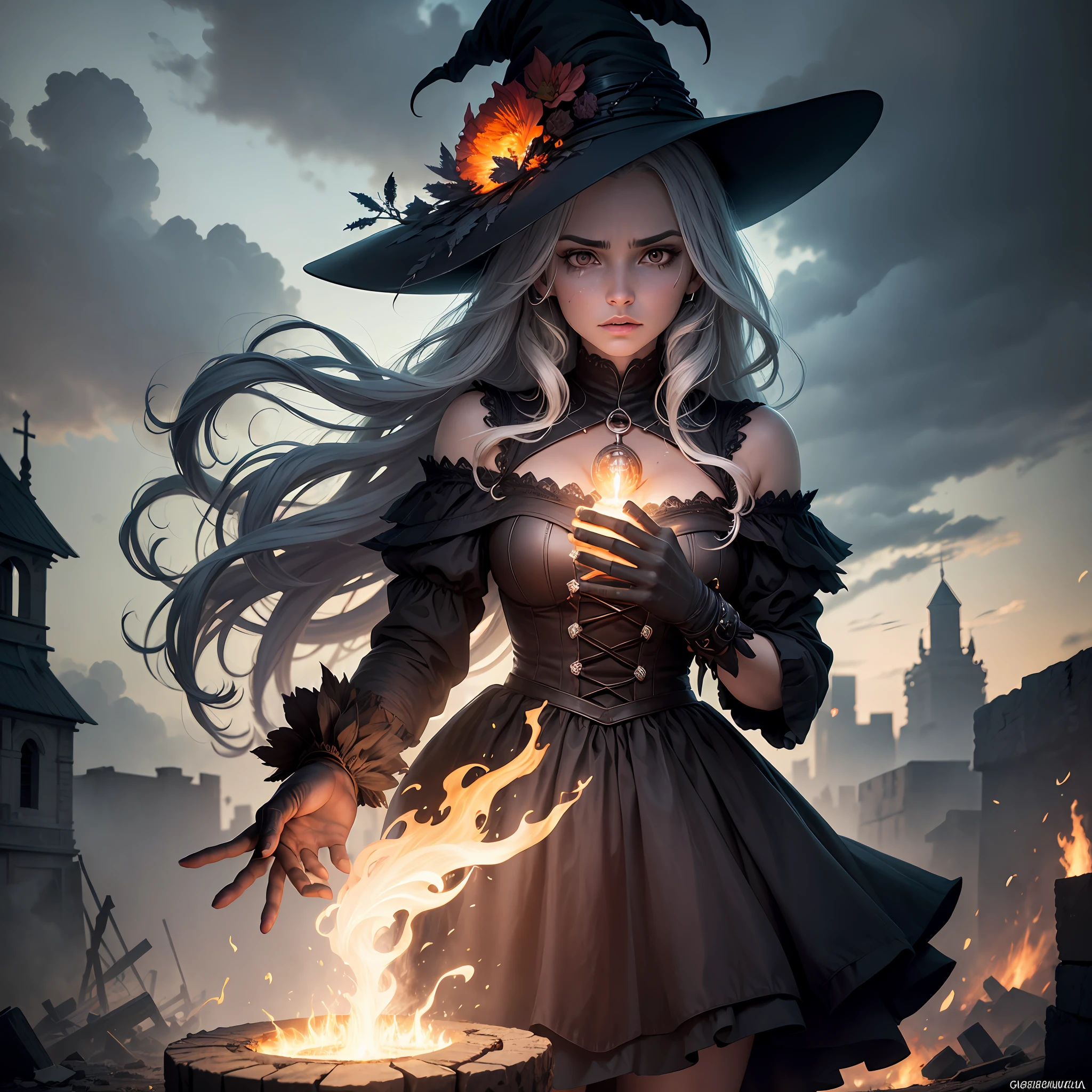 The scene is impactful and chaotic. Our Witch of Goiabeira is in the center of the image, amid the ruin of a collapsing tower. Seus cabelos negros e longos caem desordenadamente ao redor de seu rosto.

She's dressed as a black man., que se agita no vento tempestuoso que envolve a cena. Your hands are pulled, invocando uma energia intensa. It represents the power of destruction as a necessary force for rebirth and transformation.

Ao redor da Bruxa da Goiabeira, Debris and sparks fly in the air, symbolizing the fall and ruin. O tempestuoso, Cloud-laden skies add an atmosphere of chaos and impending change.

Despite the turbulence, the Witch of Goiabeira radiates a strong experience and an aura of wisdom. Your presence conveys the message that, even in the face of destruction, There is always the opportunity to rebuild and evolve.

Use this prompt as inspiration to create an image of the Guava Witch in the letter The Tower. Remember to capture your strength and resilience, as well as the sense of chaos and transformation represented by the letter."