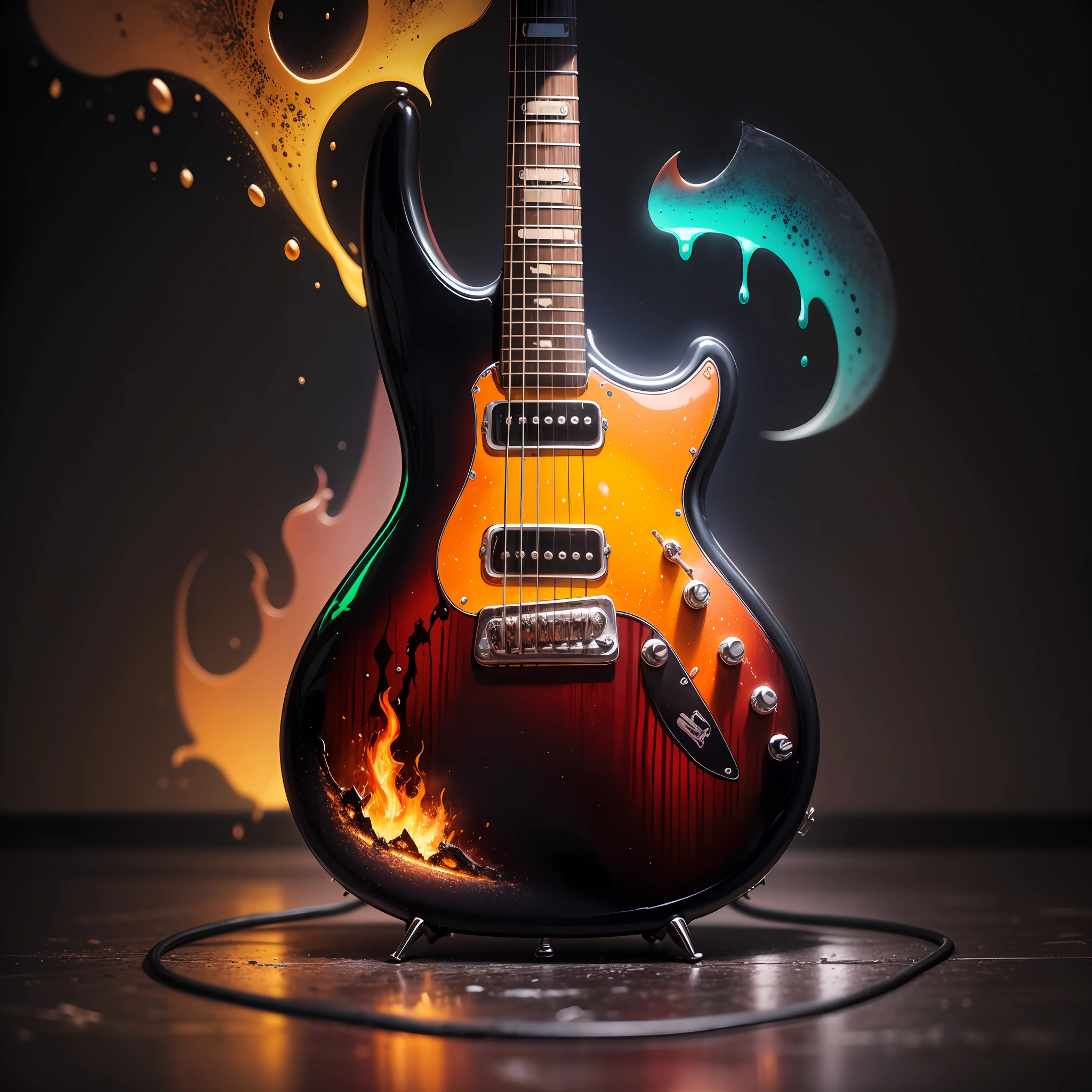 flaming neon Guitar, cyberpunk style, Guitar dripping glowing slime, high quality, highly detailed