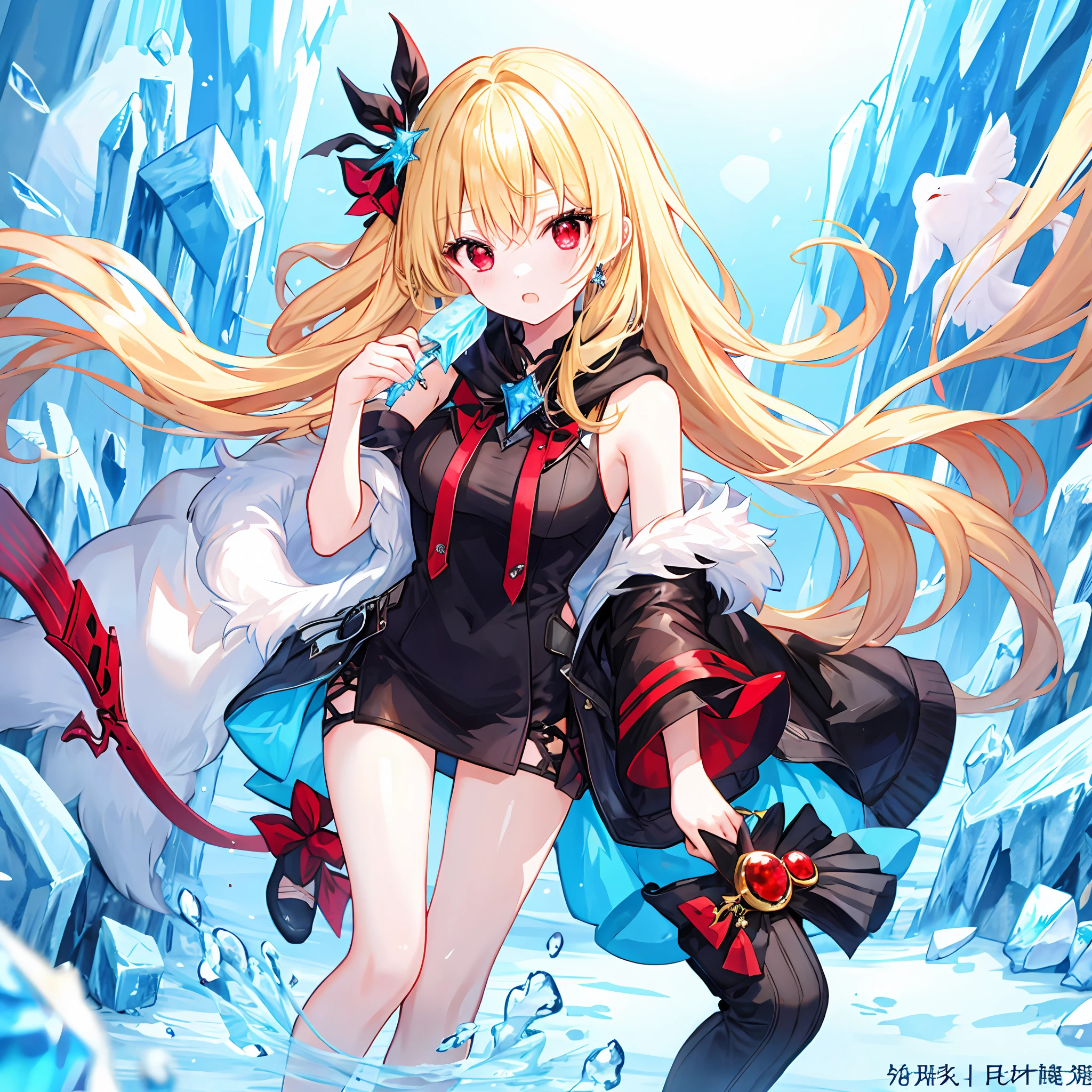 One beautiful blonde girl、red eyes、icy、icicle、glacia