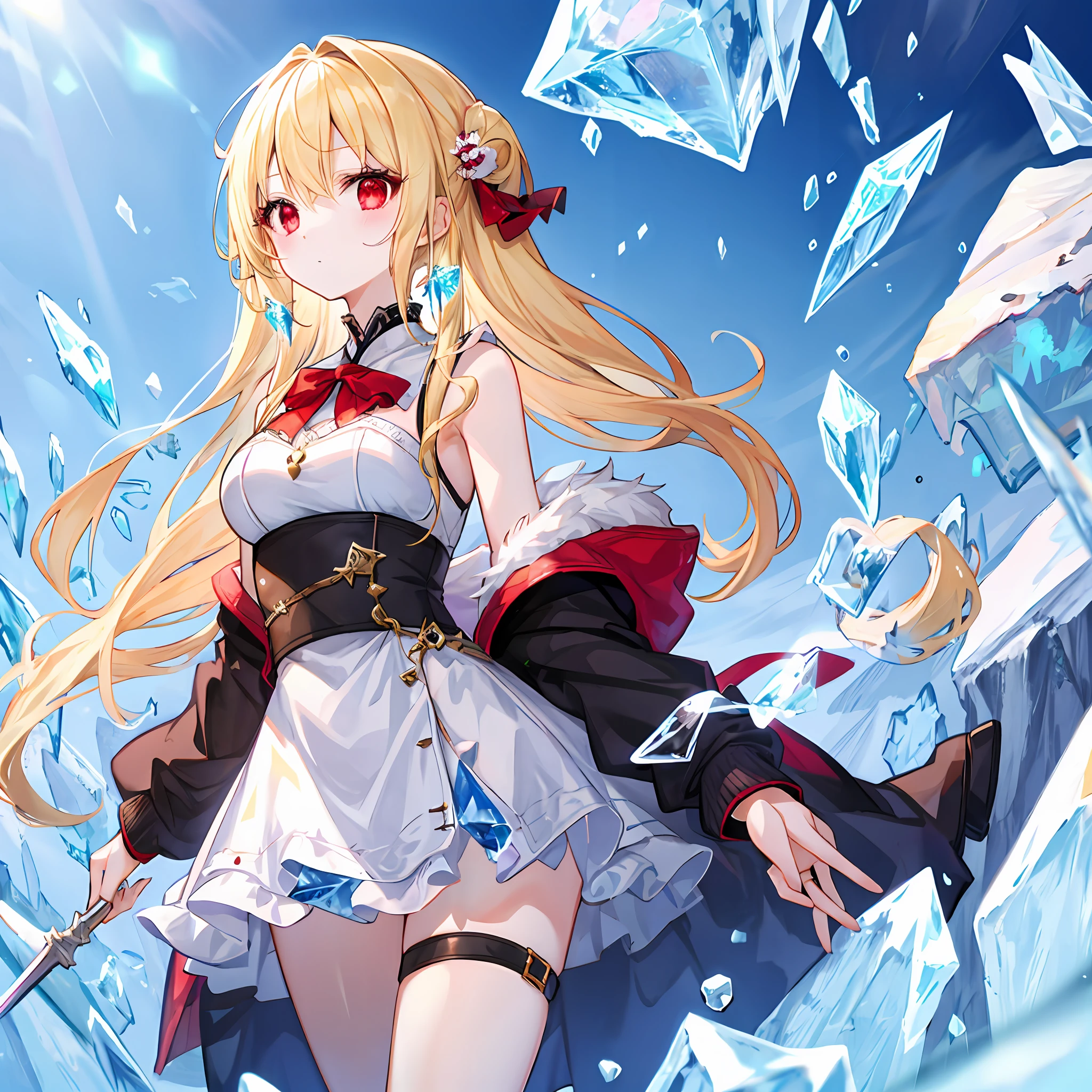 One beautiful blonde girl、red eyes、icy、icicle、glacia