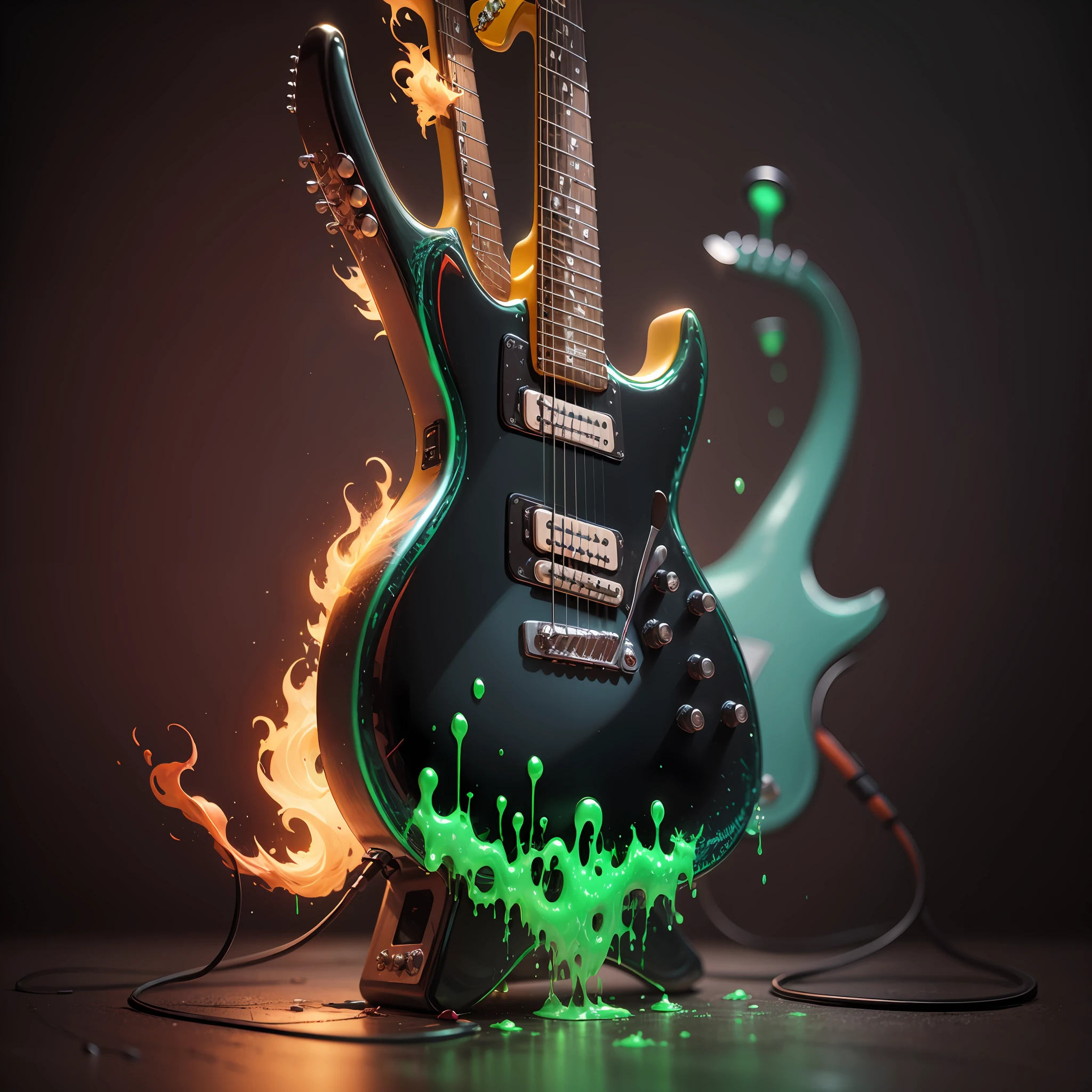 flaming neon Guitar, cyberpunk style, Guitar dripping glowing slime, high quality, highly detailed