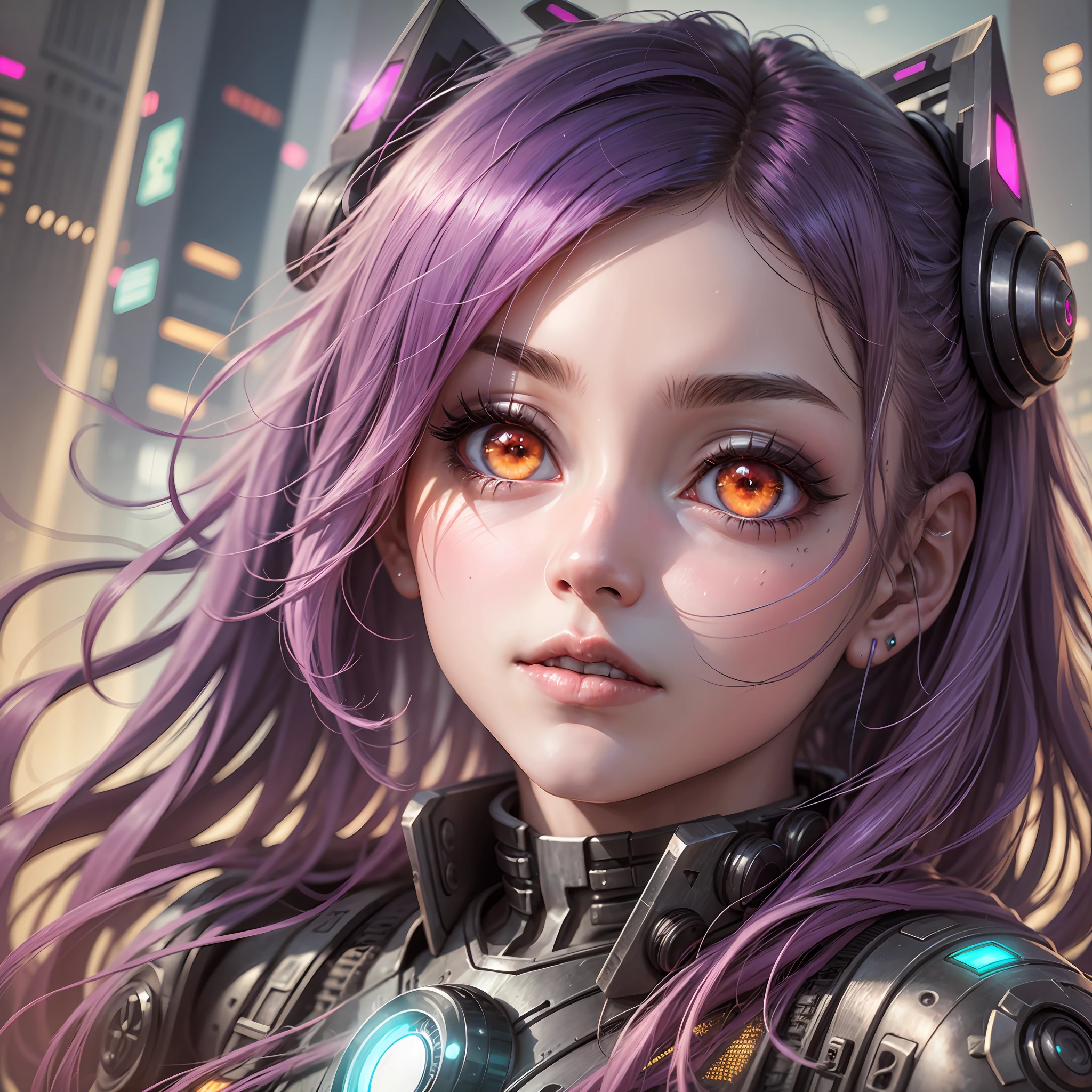 Extreme closeup of Cyberpunk  Anime Girl with glowing eyes, beam of light, tower, joy, futuristic headgear