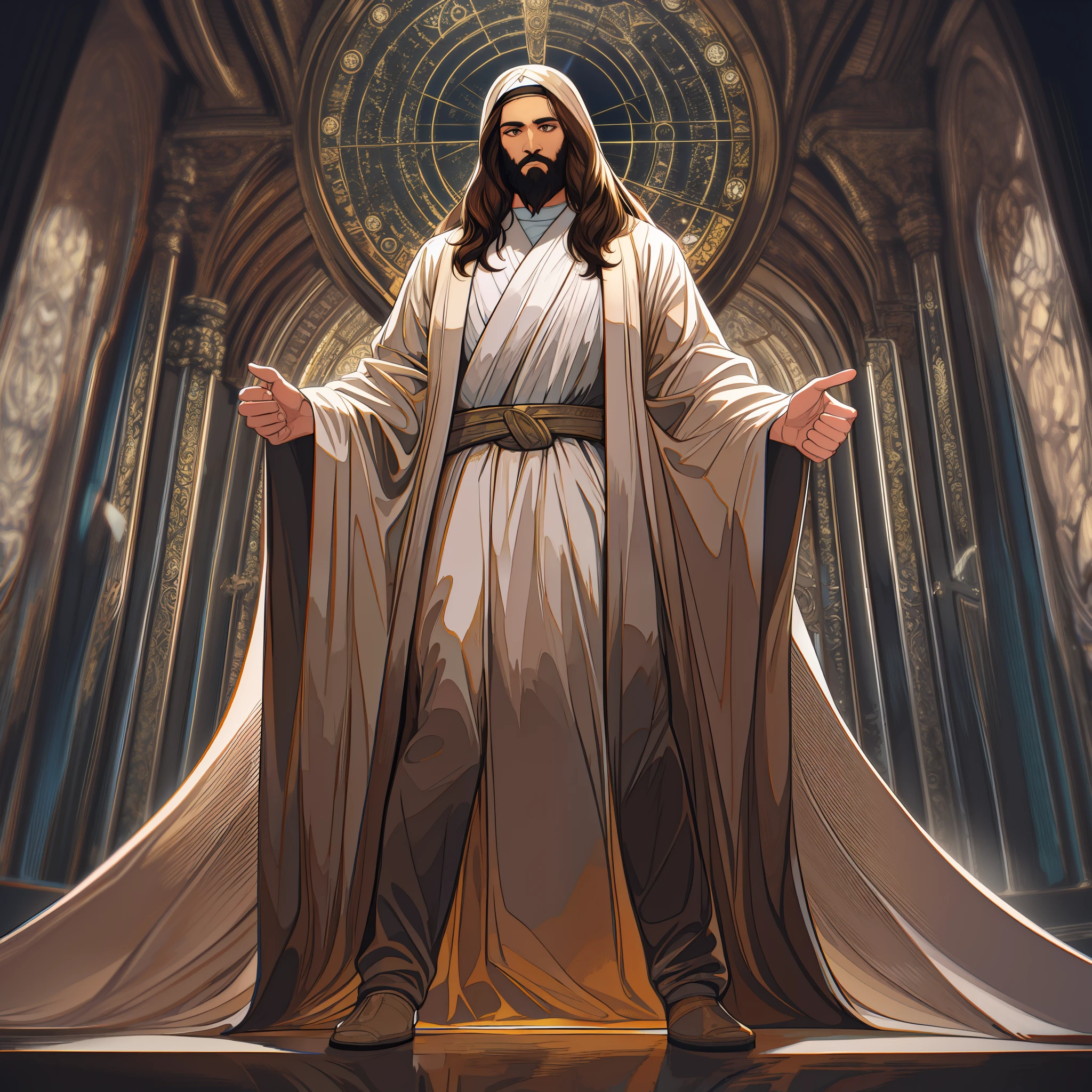 (symmetry),centered,a full body picture,(Jesus),a very muscular light brown man with long brown hair and a beard,wearing a long white robe,35mm,natural skin,clothes detail, 8k texture, 8k, insane details, intricate details, hyperdetailedhighly detailed,realistic,soft cinematic light,HDR,sharp focus, ((((cinematic look)))),intricate, elegant, highly detailed, muscular