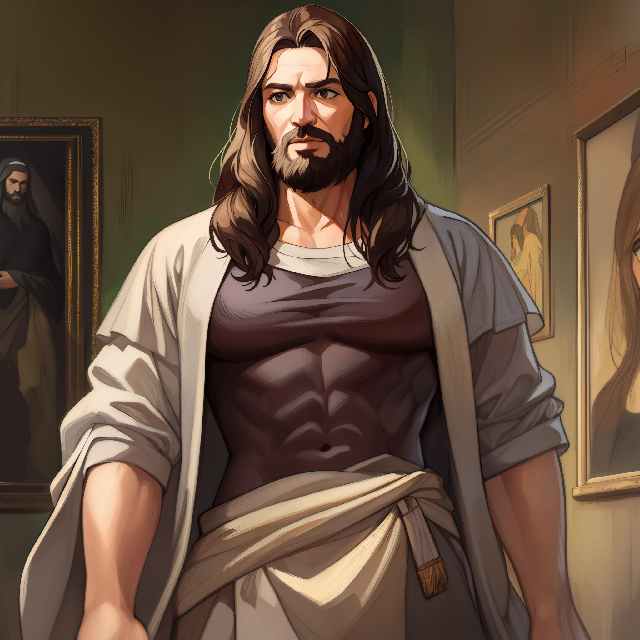 A beautiful ultra-thin realistic portrait of Jesus, the prophet, muscular, a muscular man 33 years old Hebrew brunette, short brown hair, long brown beard, wearing long linen tunic closed on the chest part, in front view, full body, biblical, realistic,by Diego Velázquez,Peter Paul Rubens,Rembrandt,Alex Ross,8k, Concept Art, PhotoRealistic, Realistic, Illustration, Oil Painting, Surrealism, HyperRealistic, brush brushes, Digital art, style, watercolor, muscular