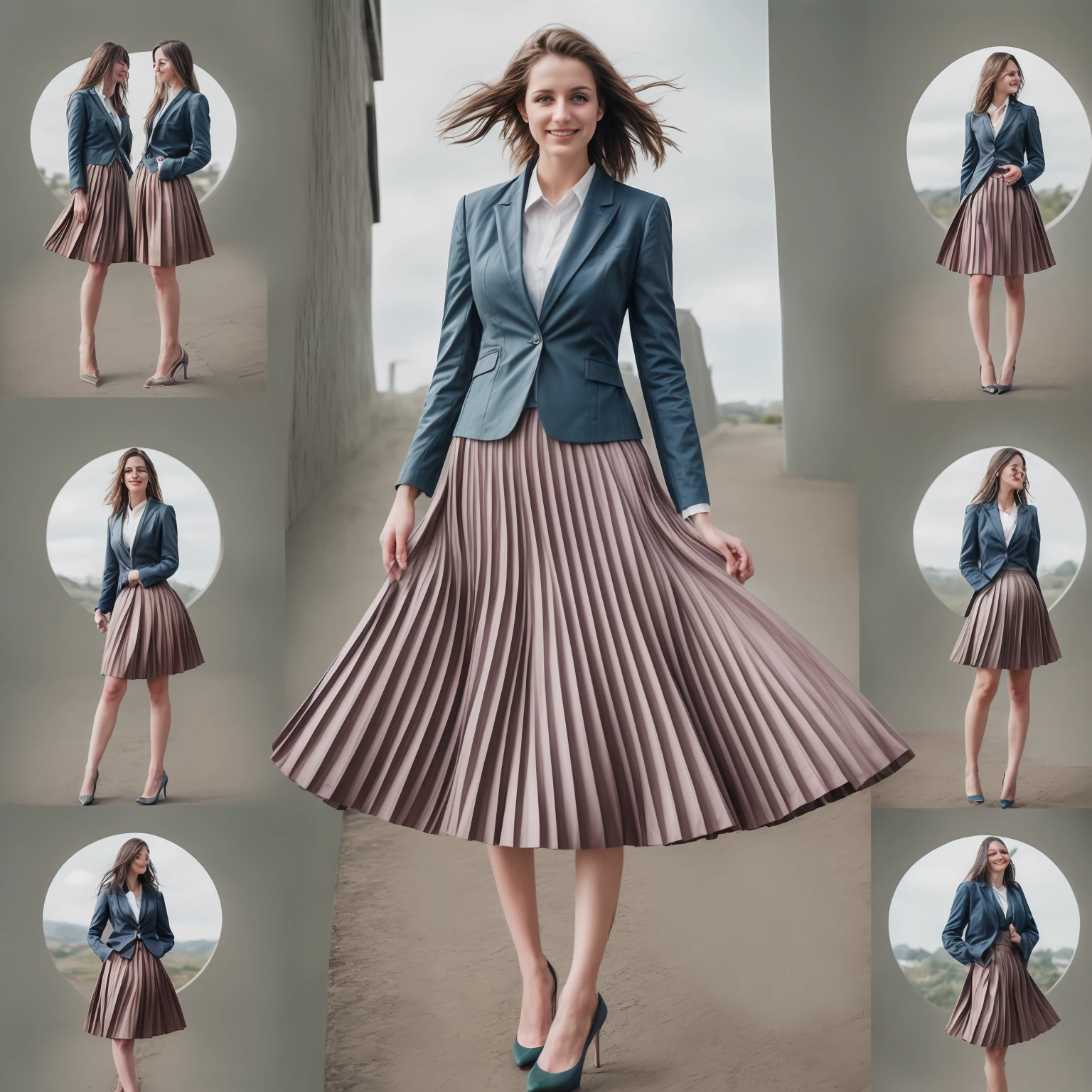 authentic (very shy:1,4 smiling) good woman wearing a short blazer with a very very detailed (long (fully pleated) full circle skirt) and (simple) low heeled office shoes, very very intricate hyper-detailed symmetric (attractive graceful young feminine face) with (sad, tired eyes and shy smile:1,1), full of empathy and compassion and love, (pronounced (feminine) features), (highly detailed ultra accurate realistic) hands and fingers, (windy conditions and wind blowing), epic composition, highly detailed attributes, highly detailed atmosphere, (35mm f1.4 Kodak portra 400 photograph), extremely high quality RAW photograph, intricate, Exquisite details and textures,