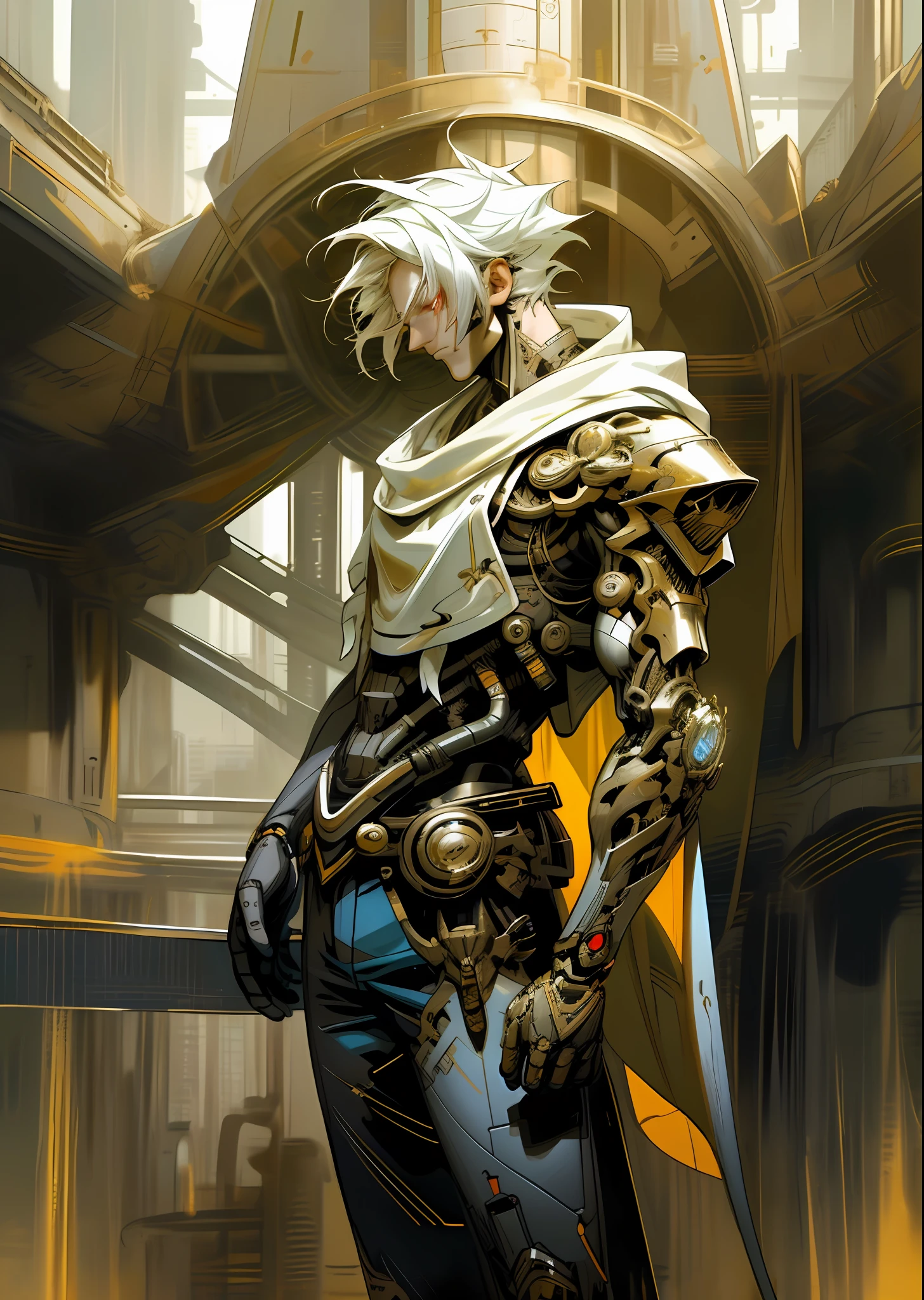 (absurd, Tall, ultra-detailed), master piece, best quality, a man in a black outfit wielding a dueling sword, with greatsword, a sword surrounded by blue flame, official character art, very short hair, white hair, vibrant red eyes, thin eye, detailed face, detailed hair, ruined city, dark background,
full body view, spark, vortex, swirl, celestial, from below, Look down, cowboy shot, Nichimanga style, Age, 1 Man, delicate face, wearing armor, surrounded by Chinese characters, with lightning bolts on his body, one divine dragon behind his back, perfect hands, normal fingers, Era.
Draw a hero wearing a green and gold suit with futuristic details. The suit should look technological and advanced, with bright lines and cybernetic elements. The hero must wear a white hood that covers his head but leaves his face exposed, and a white cape that extends from his left shoulder to his left ankle, giving him
give you an asymmetrical and dynamic look. The hood and cape should look sleek and fluid, suggesting movement even when the hero is standing still. Feel free to add any other details or accessories you see fit to enhance the futuristic look of the hero. Remember that the main emphasis is on costume design,
hood and cape, and your creativity is welcome to make the hero unique and impressive. Dark_Fantasy,Cyberpunk,(Chainsaw,Chainsaw Man,Red:1.1),1 Man,Mechanical Marvel,Robotic Presence,Cyber ​​Guardian, wearing a worn, intricate, (steel metal [rusted]) suit, elegant, sharp focus,
Shot by Greg Rutkowski, soft lighting, vibrant colors, master piece, ((Street)), cowboy shot, dynamic pose,