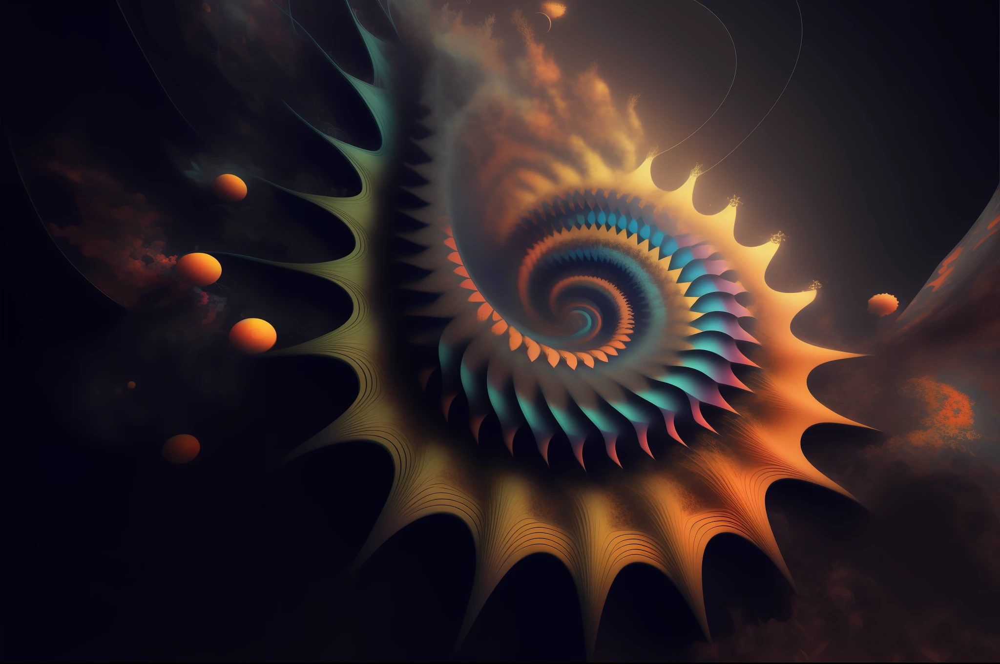 Buntes Spiraldesign mit orangefarbenen und blauen Akzenten, Hochdetaillierte digitale 4K-Kunst, Fraktale Traumlandschaft, Unendliche fraktale Wellen, Spiral fractals, rekursives Fraktal, Abstrakter fraktaler Automat, Aufwendige digitale Kunst, Fraktale algorechte Kunst, Hochdetailliertes 3D-Fraktal, Fraktales Rendern, komplizierte fraktale Abstraktion, 3D-Fraktal, 3-D-Fraktal, Fraktaler 3D-Hintergrund