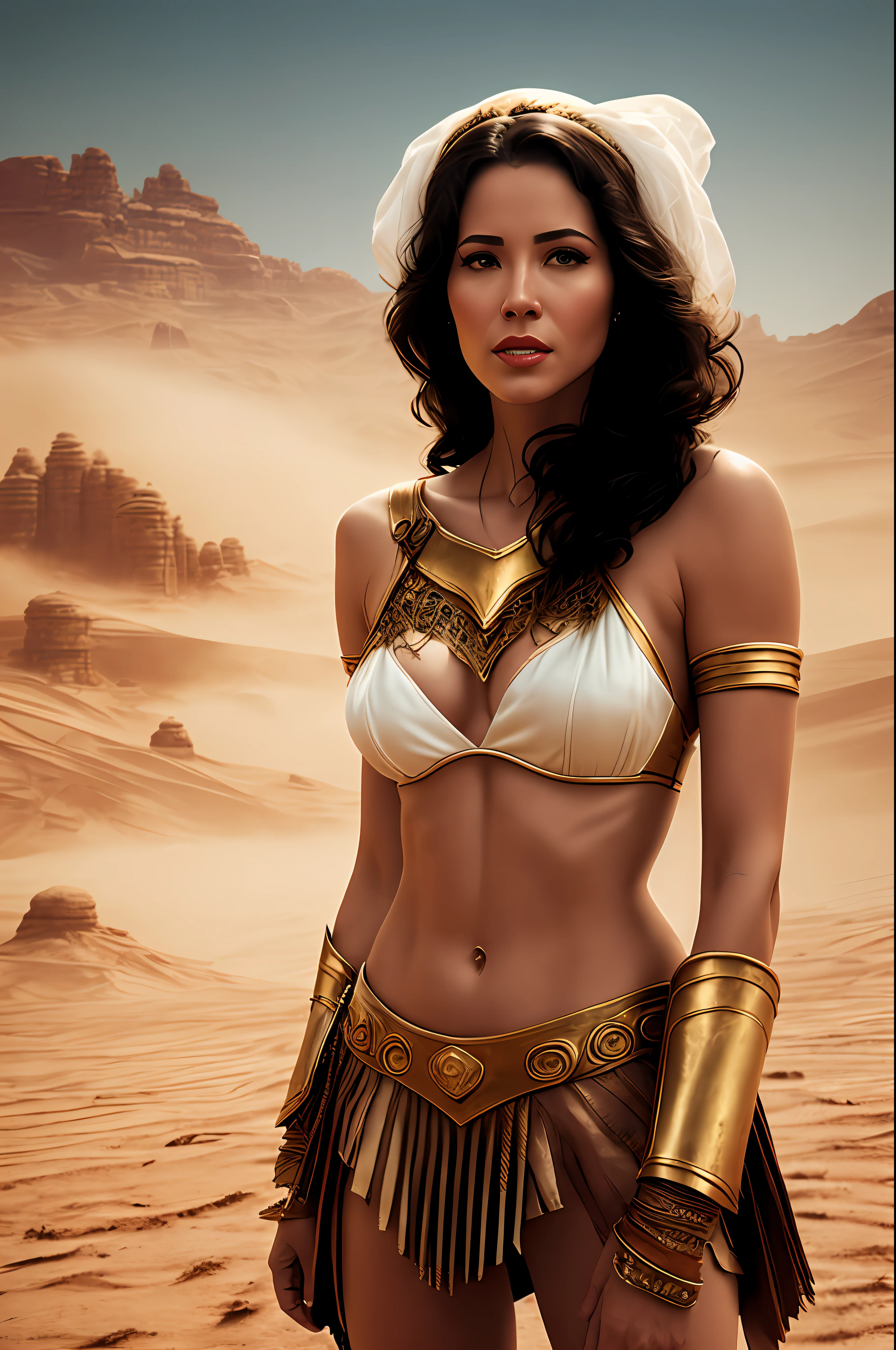 (analog style:1.2), masterpiece, best quality, 8k, sharp focus, ultrarealistic, portrait of (beautiful woman with dejah thoris gold armor and transparent white silk:1.2), sexy, intricate, medium breasts covered, big ass, (toned abs), long hair, [wind blow], beautiful face, (perfect face:1.2), (perfect eyes:1.3), (sensual lips:1.2), in sci-fi desert of mars ruins, the dusty winds, sandstorm, dust sweeping foreground, film grain, cinematic light, action pose, half body, (face focus:1.2)