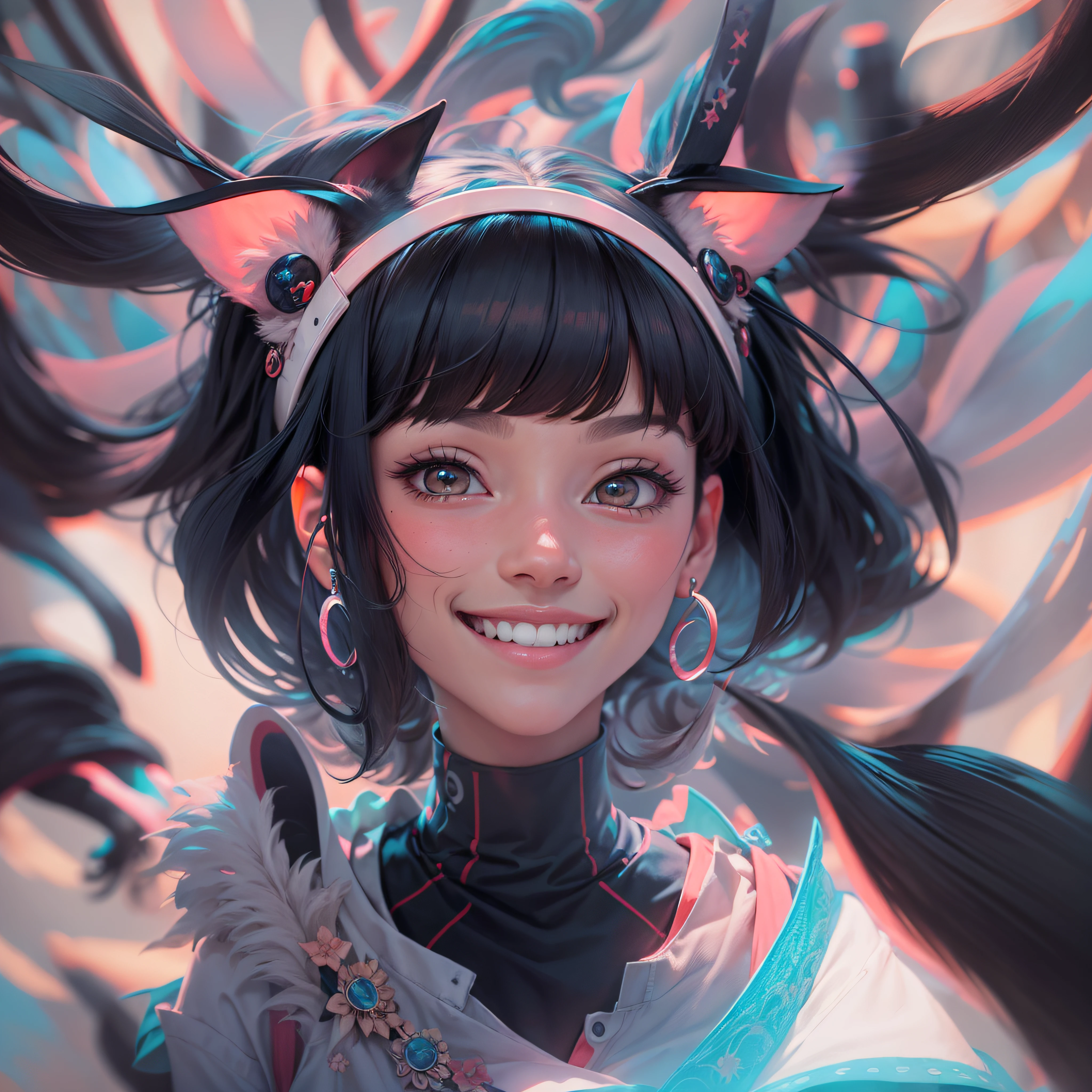 black hair, longeyelashes, solid circle eyes, fake animal ears, light smile, ear blush, Surrealism, drop shadow, anaglyph, stereogram, tachi-e, pov, atmospheric perspective, 8k, super detail, ccurate, best quality