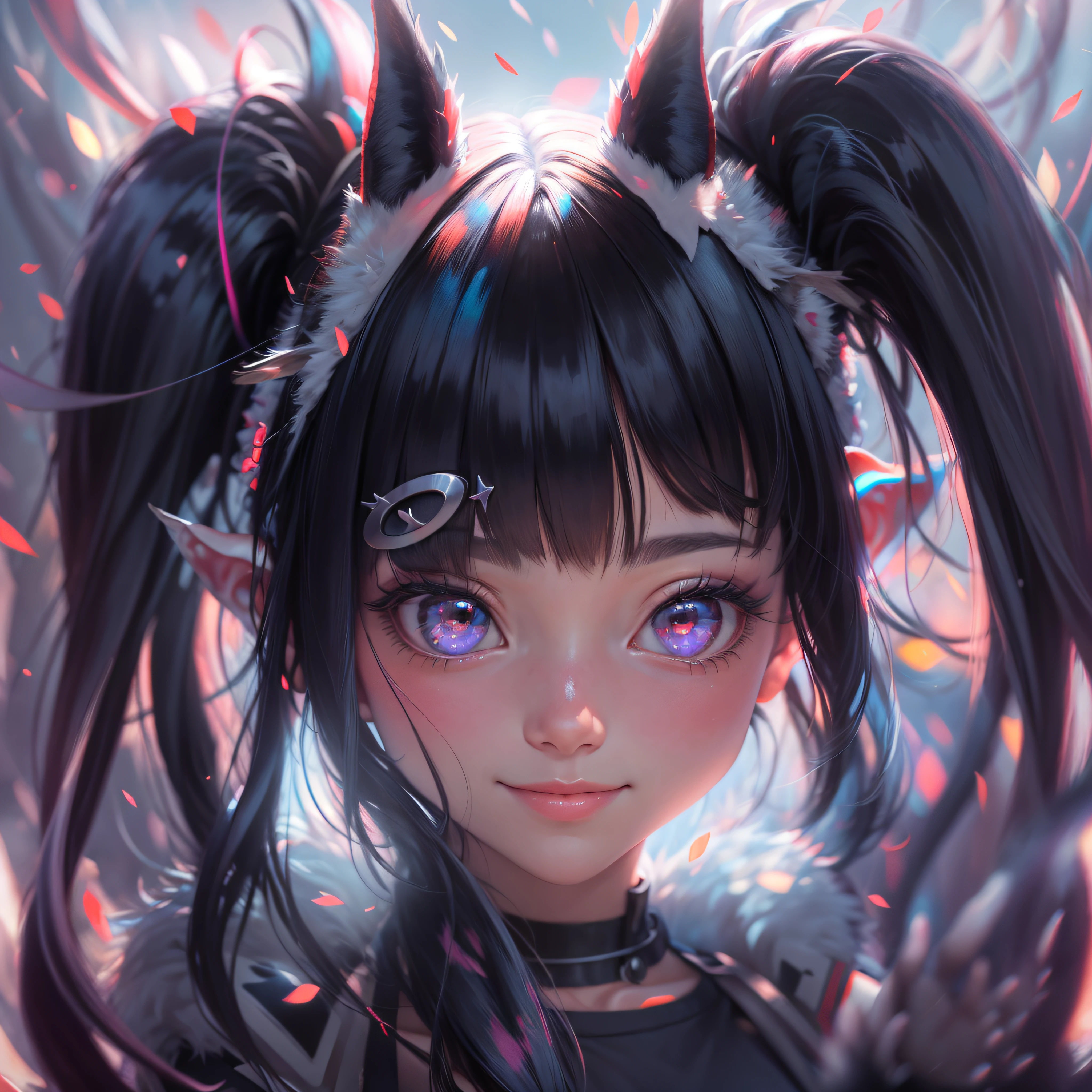 black hair, longeyelashes, solid circle eyes, fake animal ears, light smile, ear blush, Surrealism, drop shadow, anaglyph, stereogram, tachi-e, pov, atmospheric perspective, 8k, super detail, ccurate, best quality