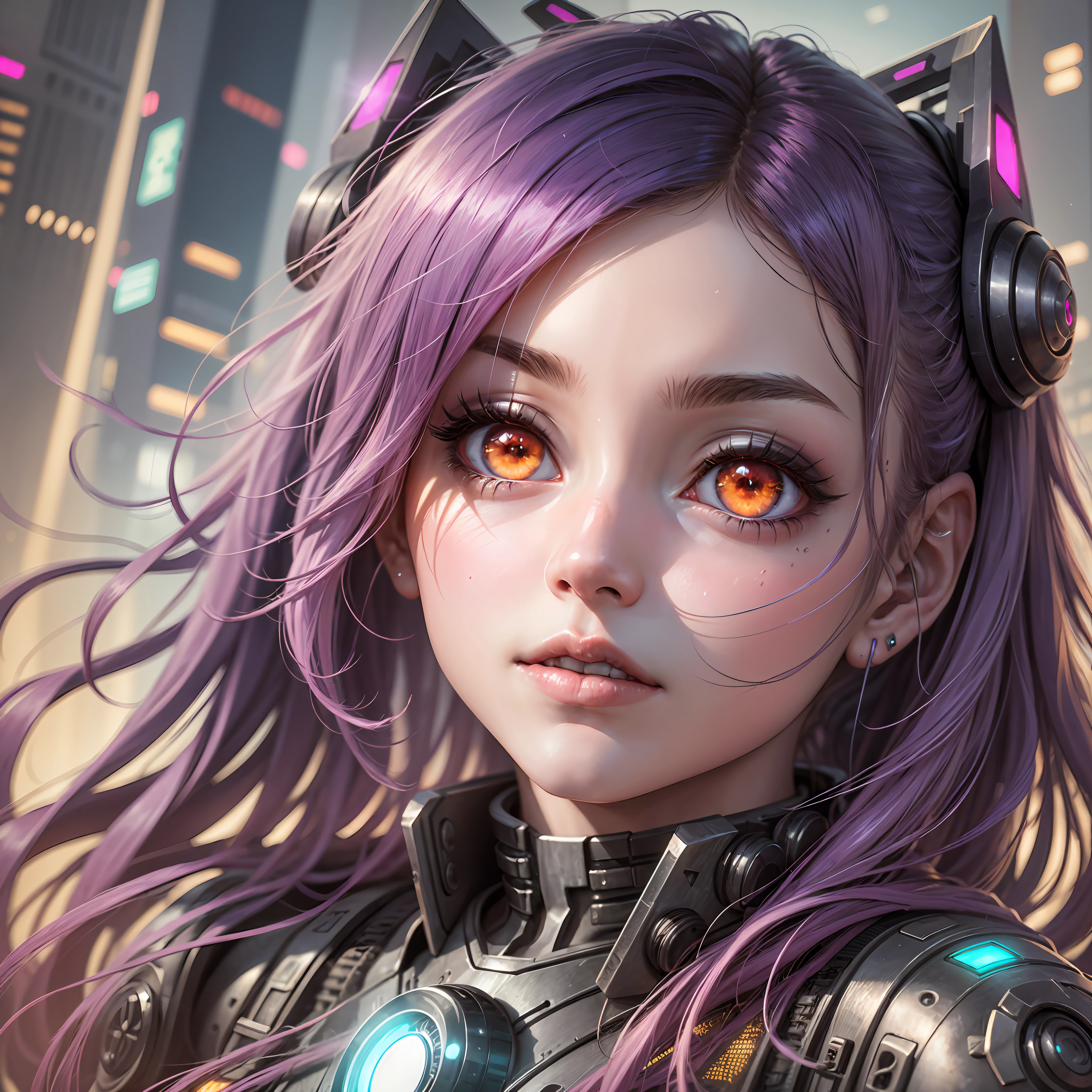 Extreme closeup of Cyberpunk Anime Girl with glowing eyes, beam of light, tower, joy, futuristic headgear