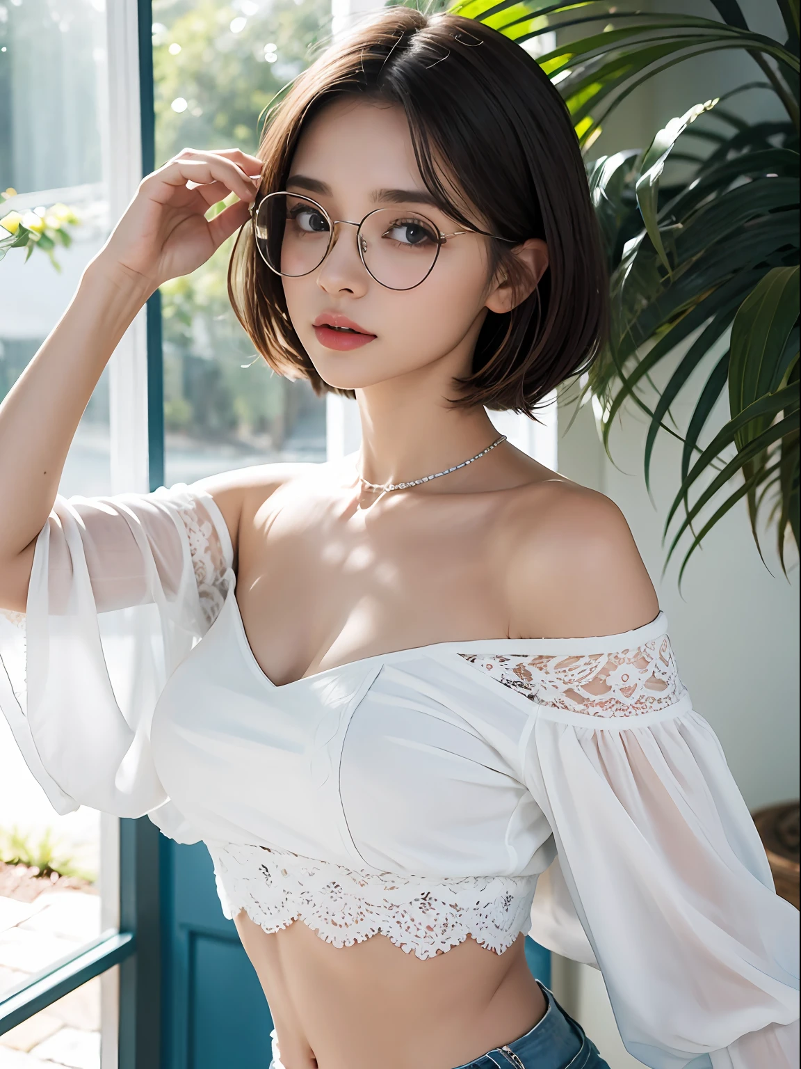 1 mulher, modelo na casa dos 20 anos ,usando top branco com renda,jaqueta preta,short branco,olhos bonitos,olhar sedutor, cabelo detalhado ,com rosto detalhado e corpo detalhado ,With eye Glasses, pele detalhada, poros.