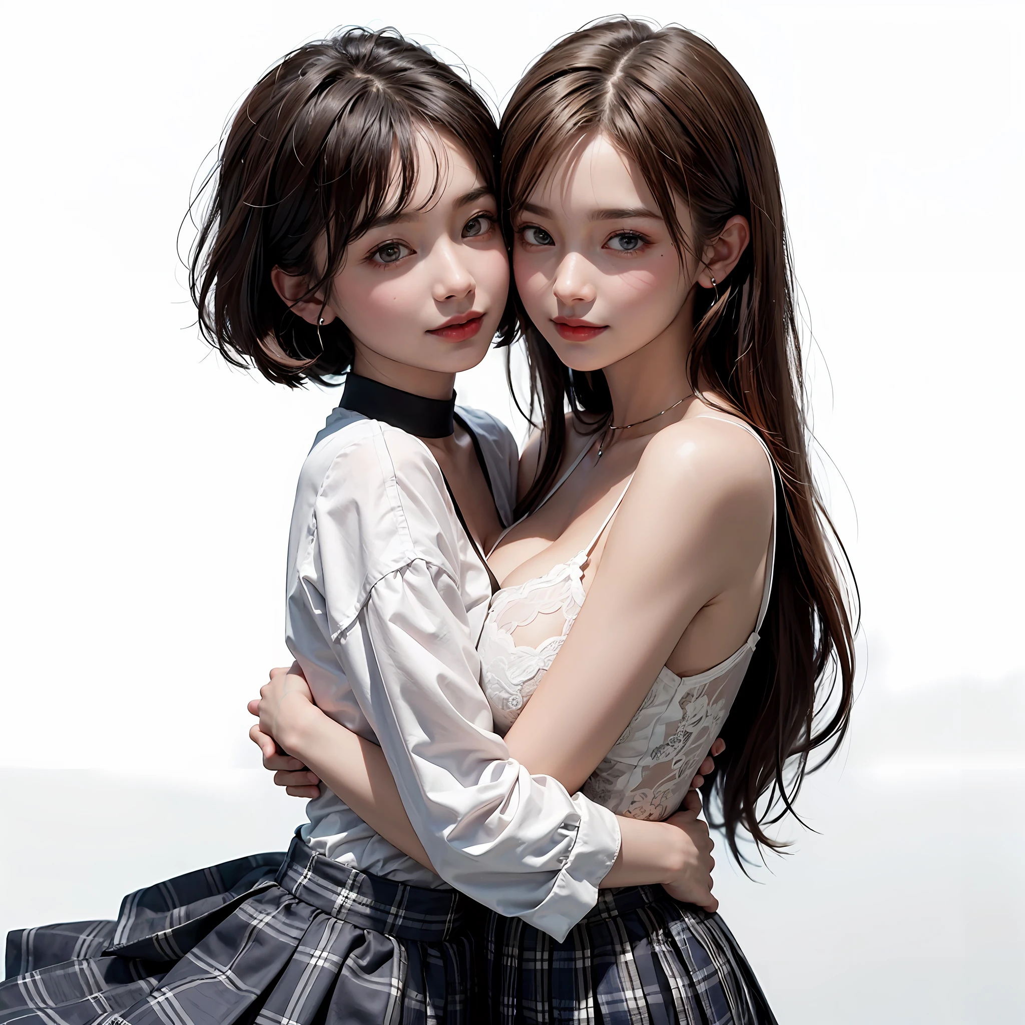 Two people facing each other and hugging happily、Two people hugging each other happily、Two people hugging each other tightly、Two people put their cheeks together、Two people touching cheeks with cheeks、Both of them are staring at the camera slightly above、Look firmly at the camera、Lesbian couple、Lily couple、((Bring your cheeks together、38 years、Both supermodels are 190cm tall、high-angle、Look up at the camera at the top、Straighten your back))、Two pretty and pretty girls、masterpiece、top-quality、realisticlying、realisitic、Seductive bright smile、Both of them have short clean hair with bangs、bangss、bangss、Both have short hair、clean hair with bangs、Short sleeve white shirt with collar、White shirt with collar、(Plaid pleated skirt)、enticing eyes、Both have very large breasts、very Bigger breasts、Big ass、big breasts thin waist、(cleavage of the breast)、(Immaculate white background with nothing really)、ighly detailed、Very tall、neck long、the neck is long、Straighten your back、Put your ears out、Highlights in the eyes、lipgloss、glowy skin、White-colored skin、Clean collarbone、closes mouth、Close your mouth and smile、Happily、Nice proportions、lovely、Charming and endearing、Colorful random collar shirt、Colorful random color skirt、Do not add shadows、No shadows、No shadows on the face、natural soft light、natural soft light、Gentle light