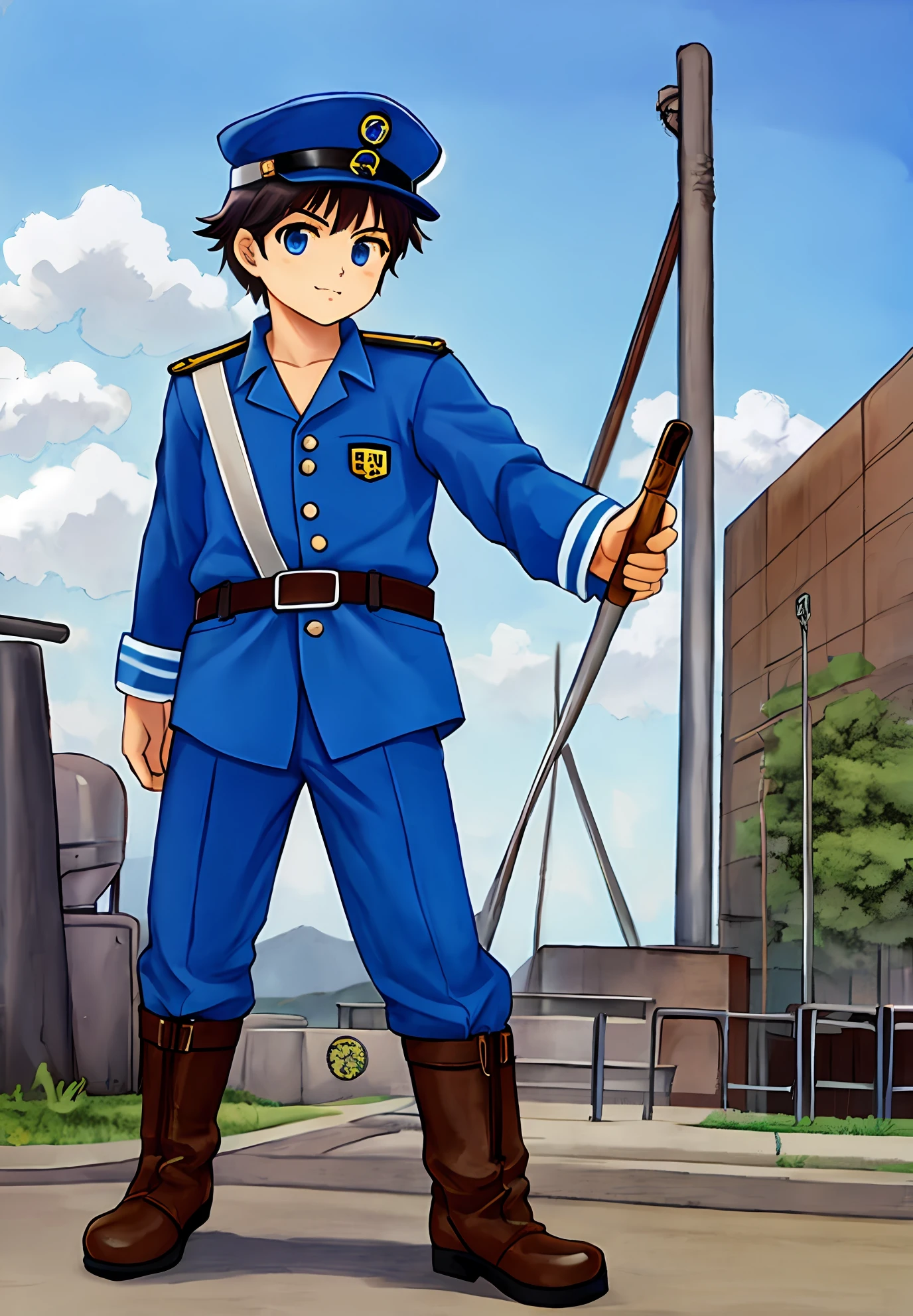 Frentista homem, alto, forte,realista, posto de gasolina, uniforme azul, blue cap, bota cutorno,