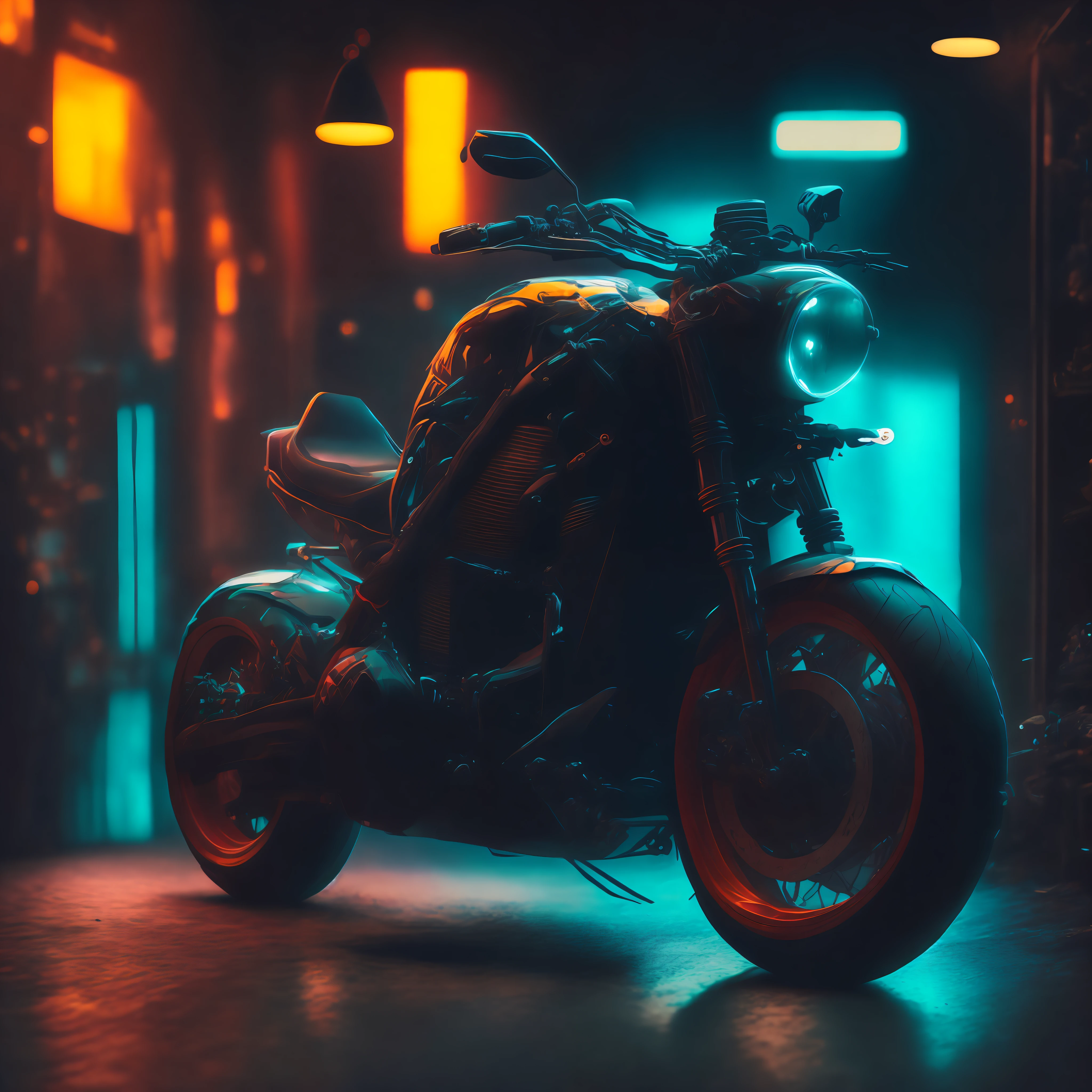 a motocycle in a shop,cyberpunk style, edge light, well lit, bokeh