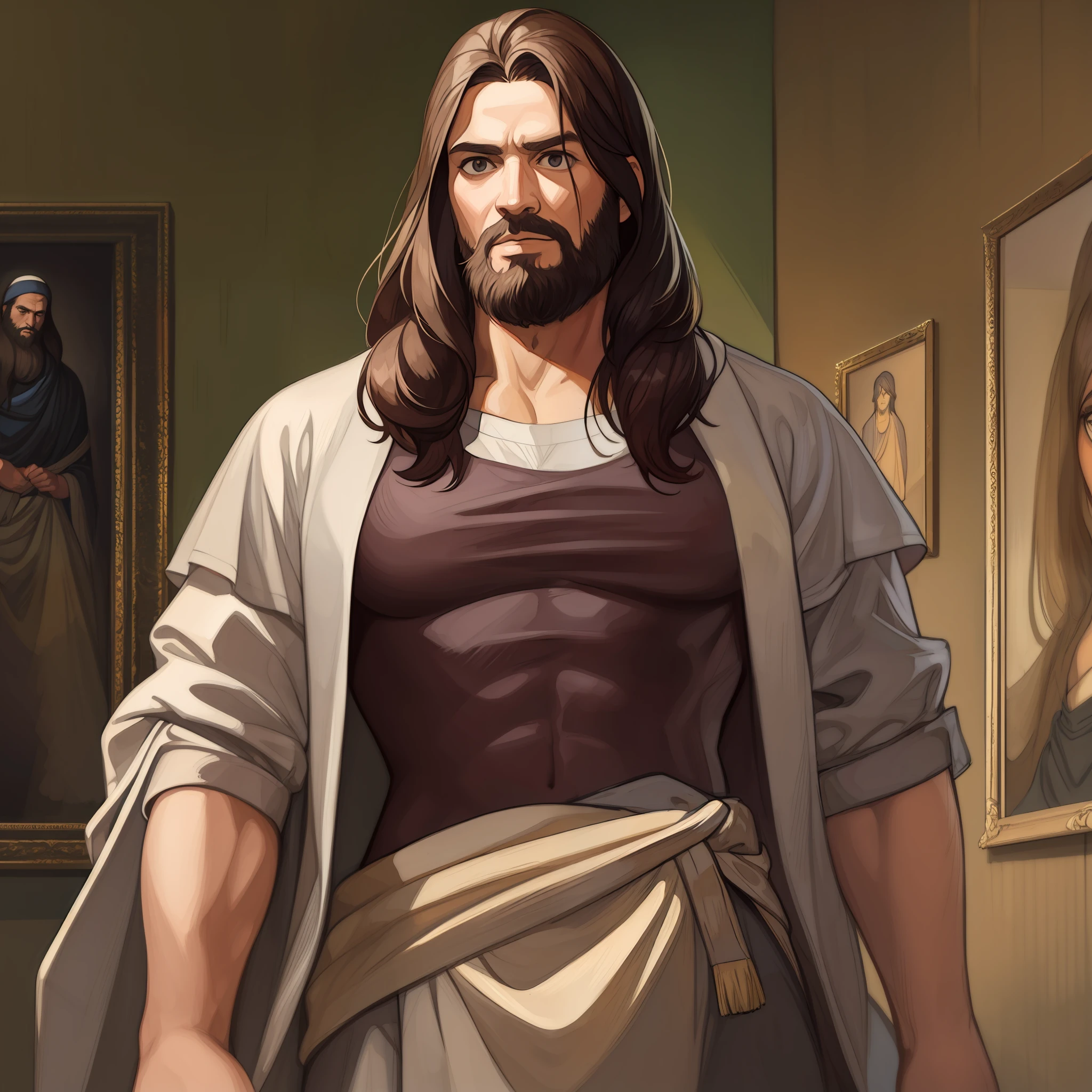 A beautiful ultra-thin realistic portrait of Jesus, the prophet, muscular, a muscular man 33 years old Hebrew brunette, short brown hair, long brown beard, wearing long linen tunic closed on the chest part, in front view, full body, biblical, realistic,by Diego Velázquez,Peter Paul Rubens,Rembrandt,Alex Ross,8k, Concept Art, PhotoRealistic, Realistic, Illustration, Oil Painting, Surrealism, HyperRealistic, brush brushes, Digital art, style, watercolor, muscular