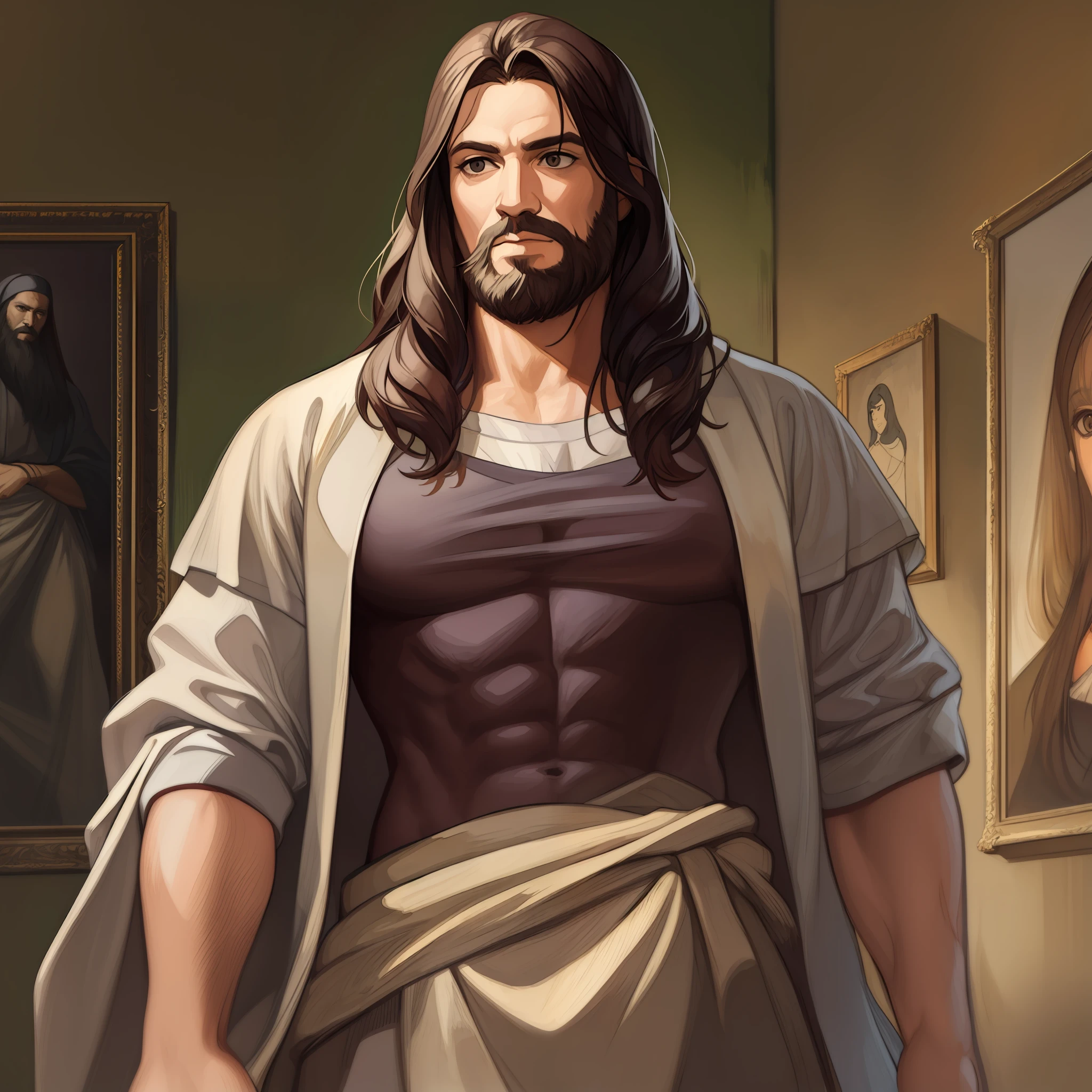A beautiful ultra-thin realistic portrait of Jesus, the prophet, muscular, a muscular man 33 years old Hebrew brunette, short brown hair, long brown beard, wearing long linen tunic closed on the chest part, in front view, full body, biblical, realistic,by Diego Velázquez,Peter Paul Rubens,Rembrandt,Alex Ross,8k, Concept Art, PhotoRealistic, Realistic, Illustration, Oil Painting, Surrealism, HyperRealistic, brush brushes, Digital art, style, watercolor, muscular