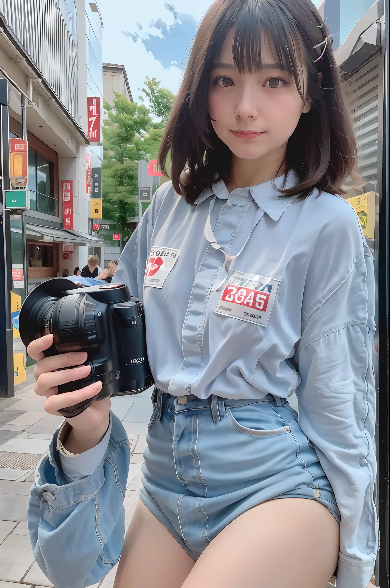 (Best Quality, Ultra High Definition, 8k, RAW Photo, UHD: 1.2, Masterpiece: 1.2), (Realistic, Photorealistic: 1.37), Ultra Detailed, Professional Lighting, Photon Mapping, Radiosity, Physically Based Rendering, Japan Person, One Girl, Solo, Black Hair, Cute, Nice, Adorable, Light Smile, Normal Breasts, Camera Gaze, Upper Body, Beautiful Detailed Blue Sky,